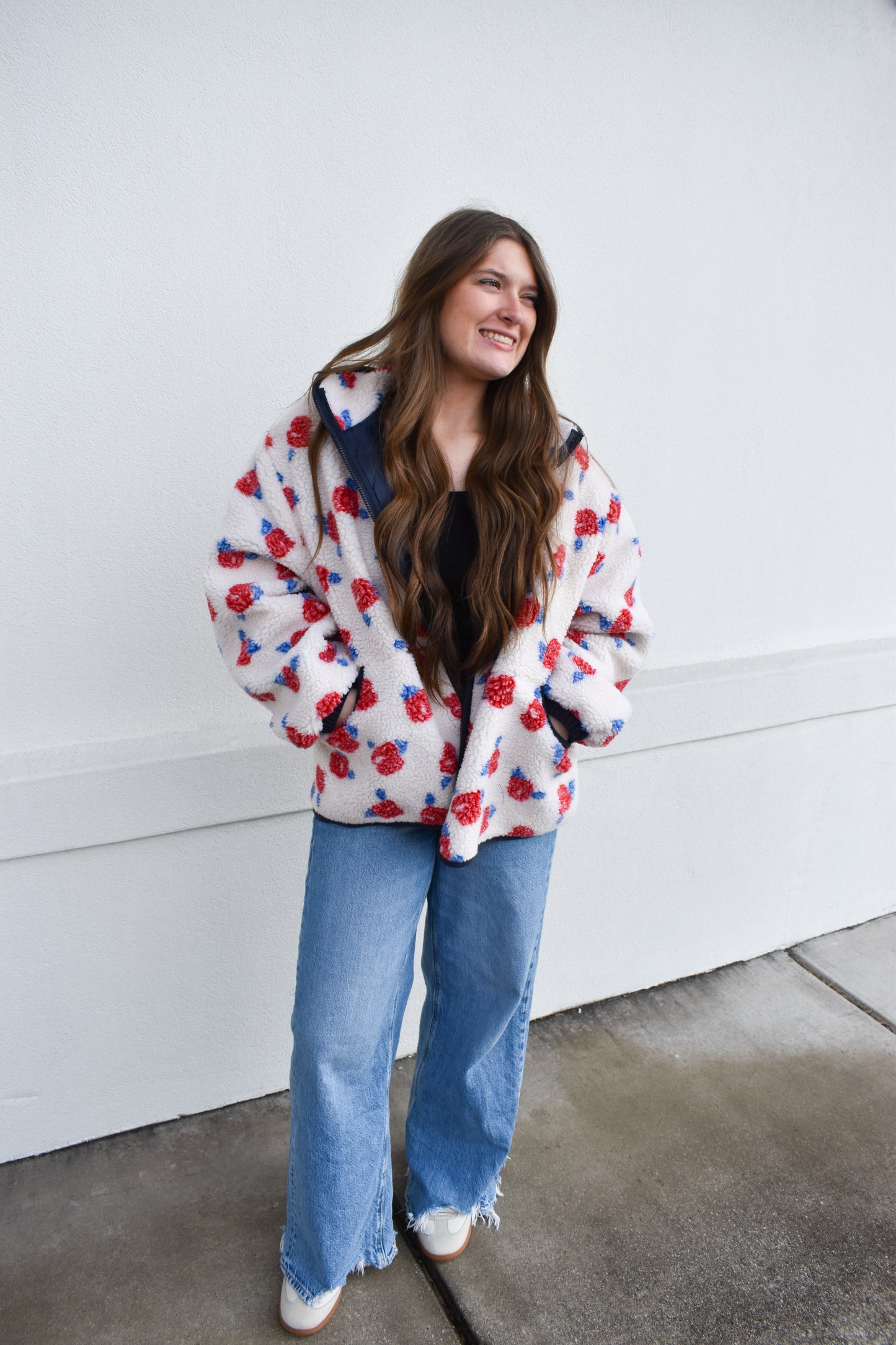 Cozy Oversized Rose Pattern Fleece Zip Up Jacket