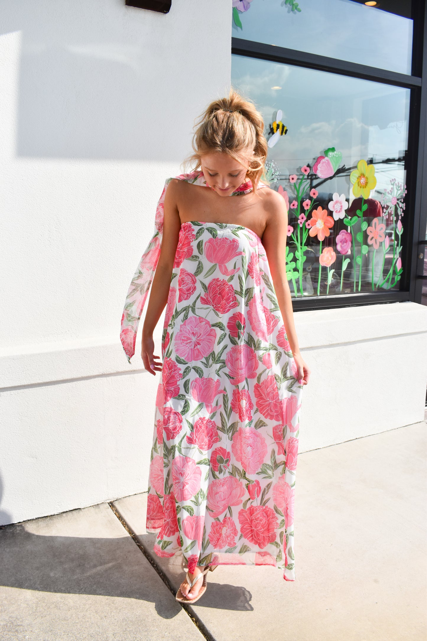 Floral Strapless Maxi Dress W/ Convertible Scarf