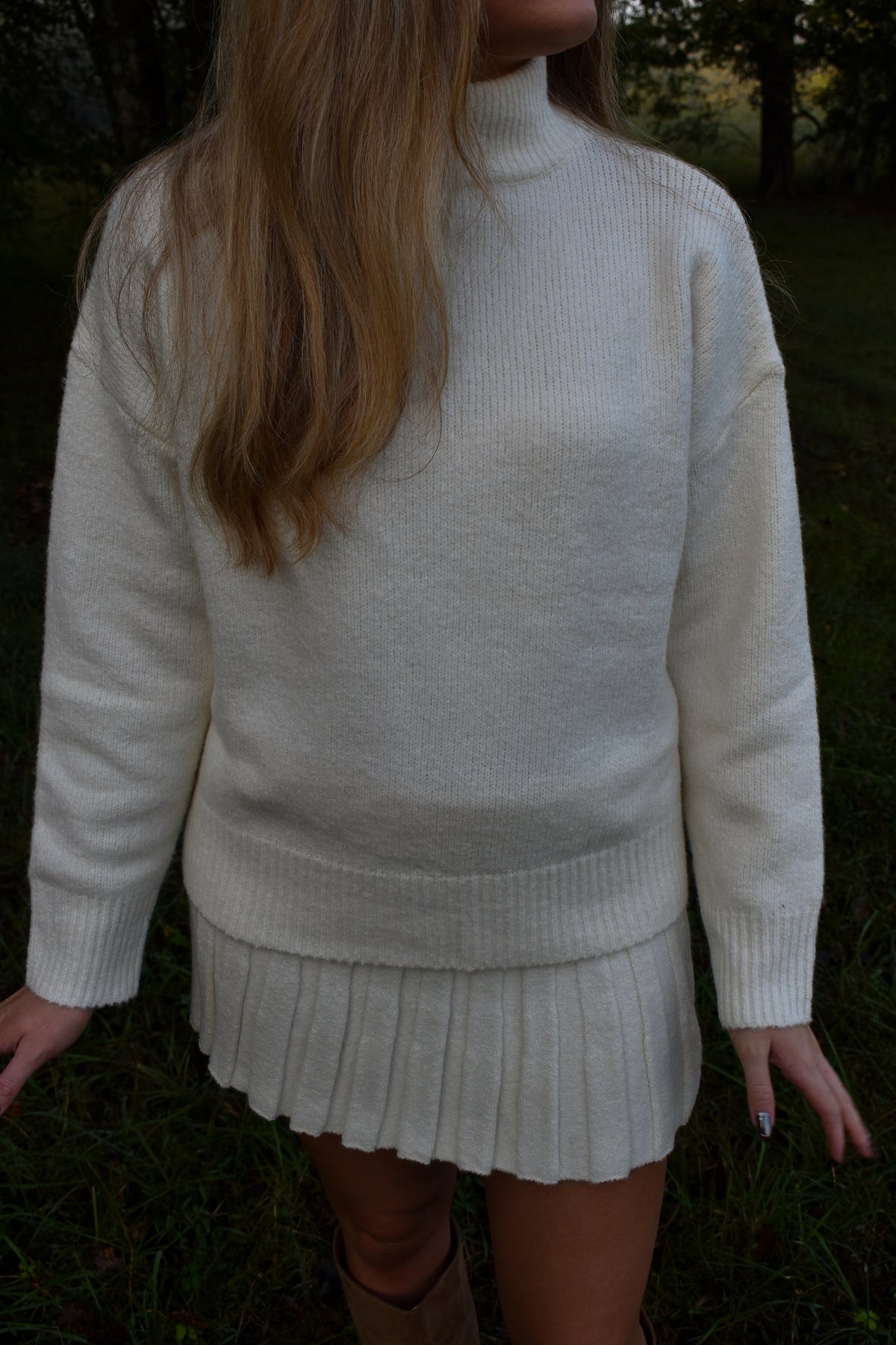 Turtleneck Pullover Sweater & Pleated Skirt Set