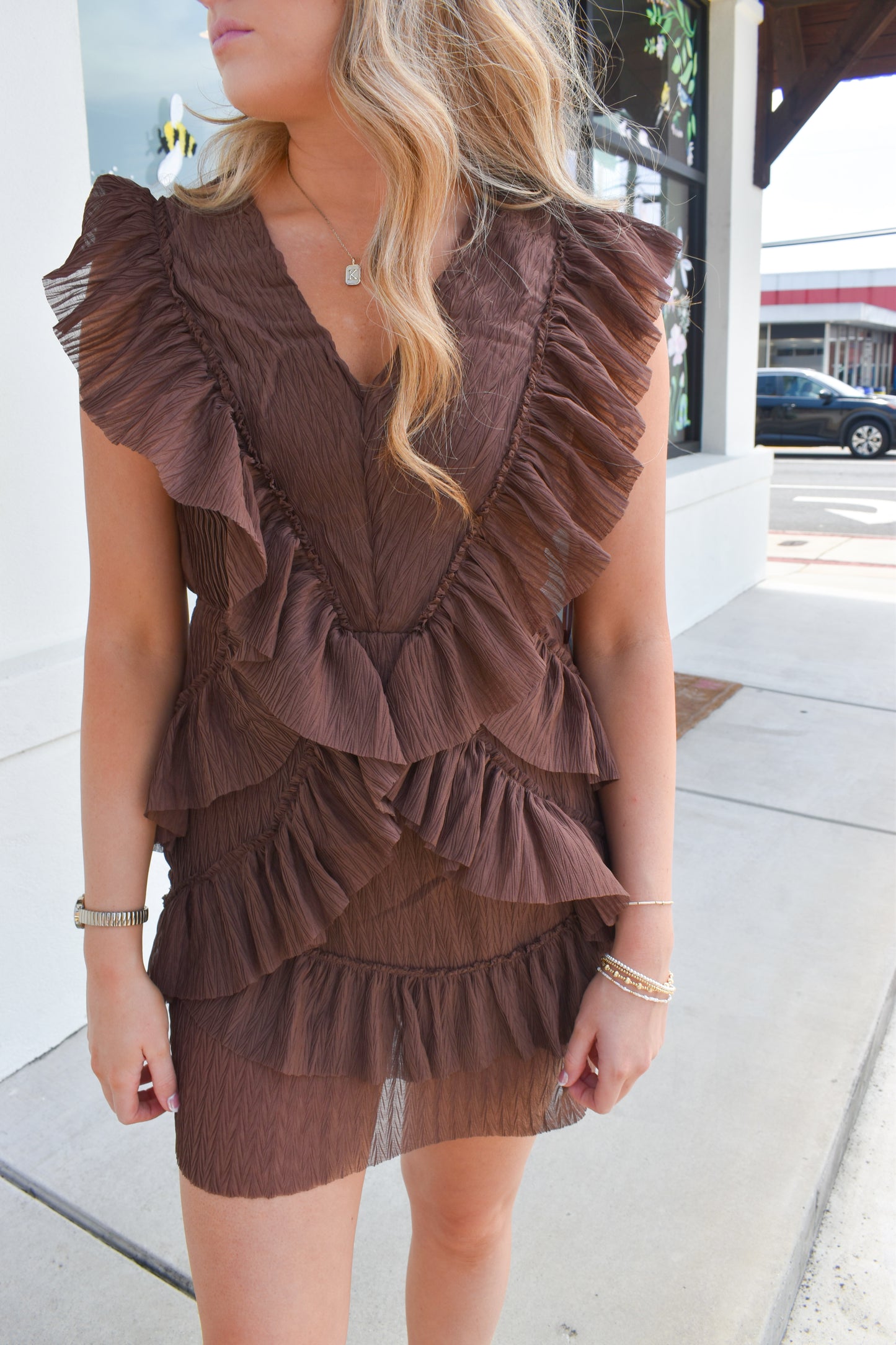 Ruffle Cutout V Neck Mini Dress