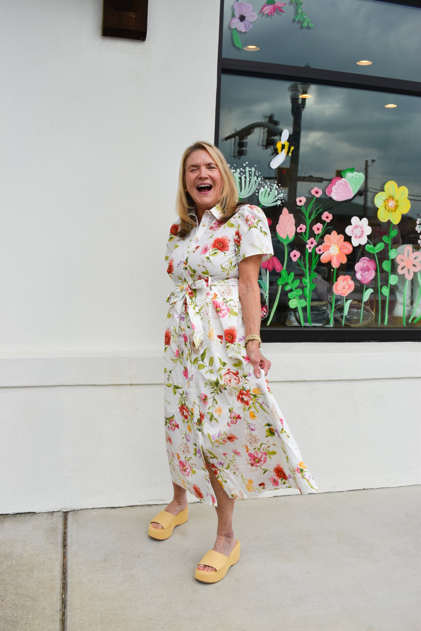 Floral Short Sleeve Belted Midi Dress
