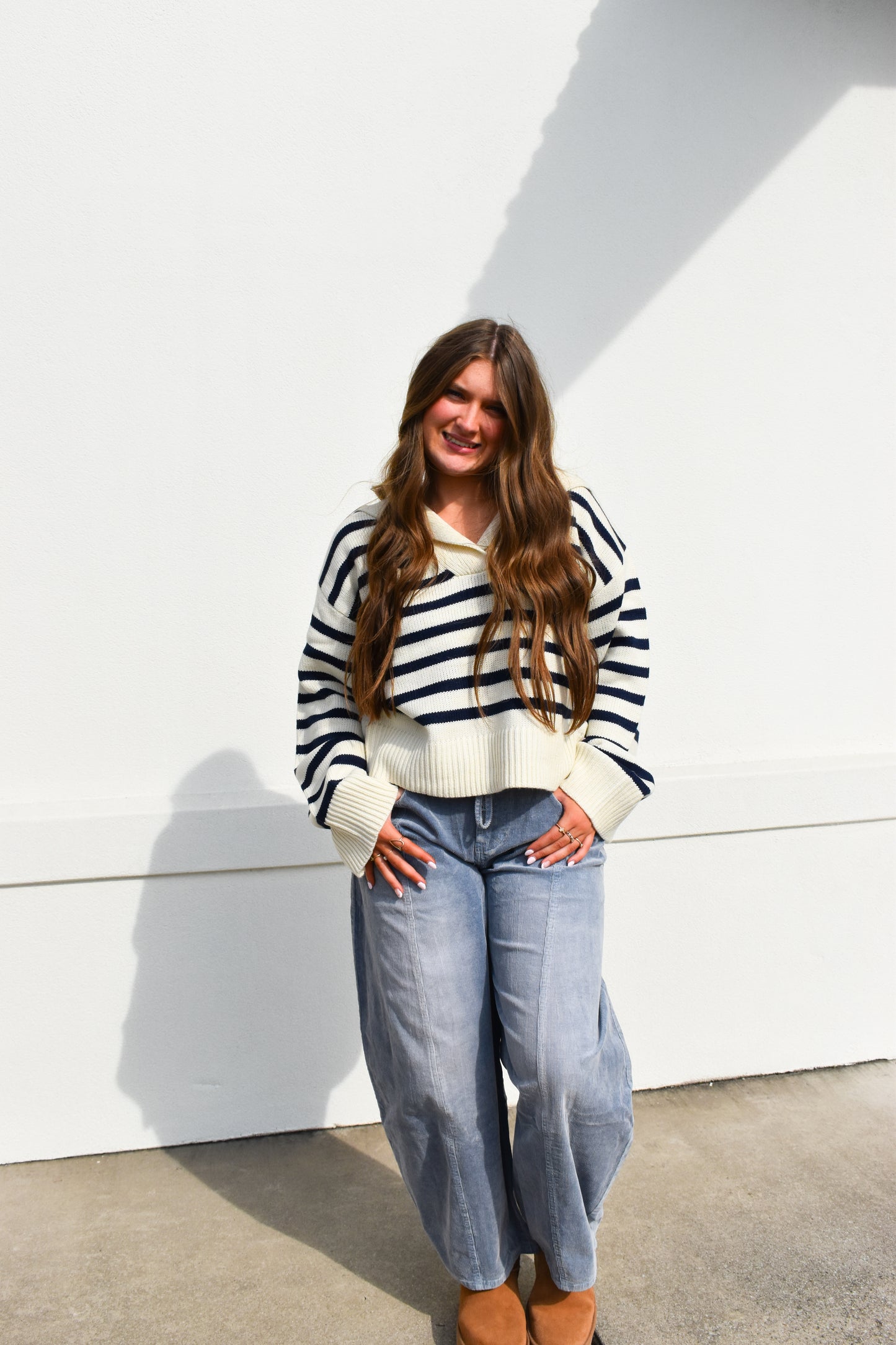 Cream/Navy Striped Collared Knit Sweater