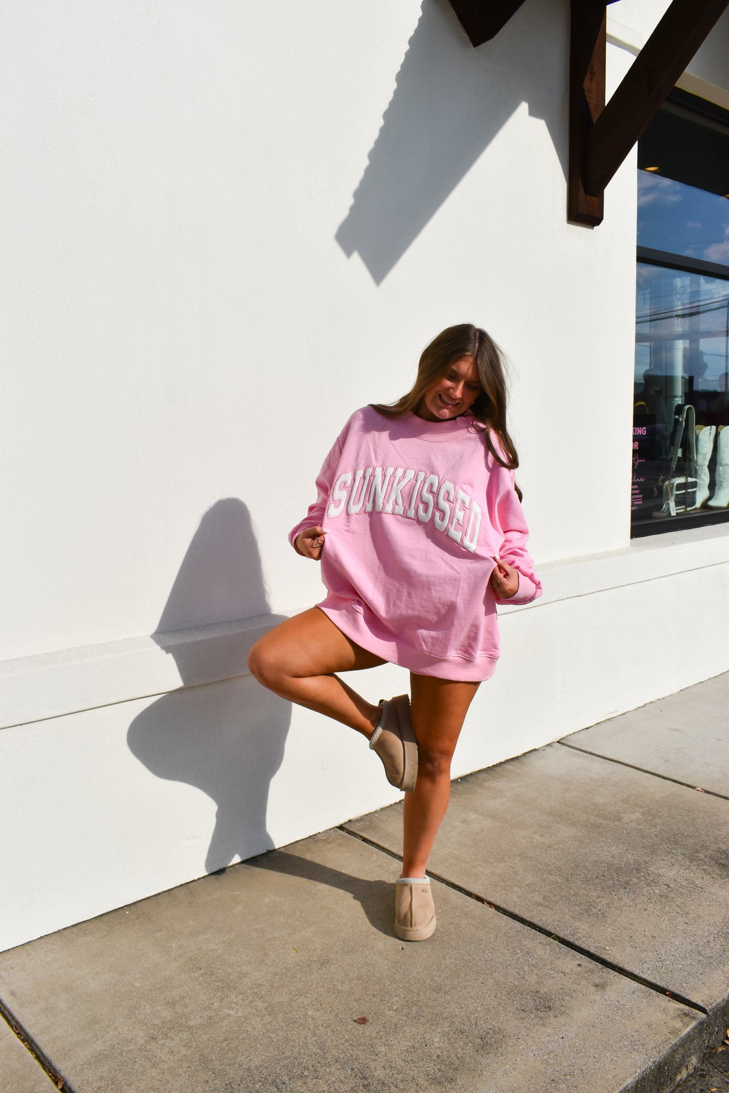 Lottie Pink Varsity Sunkissed Embroidered Mockneck: Lottie Pink