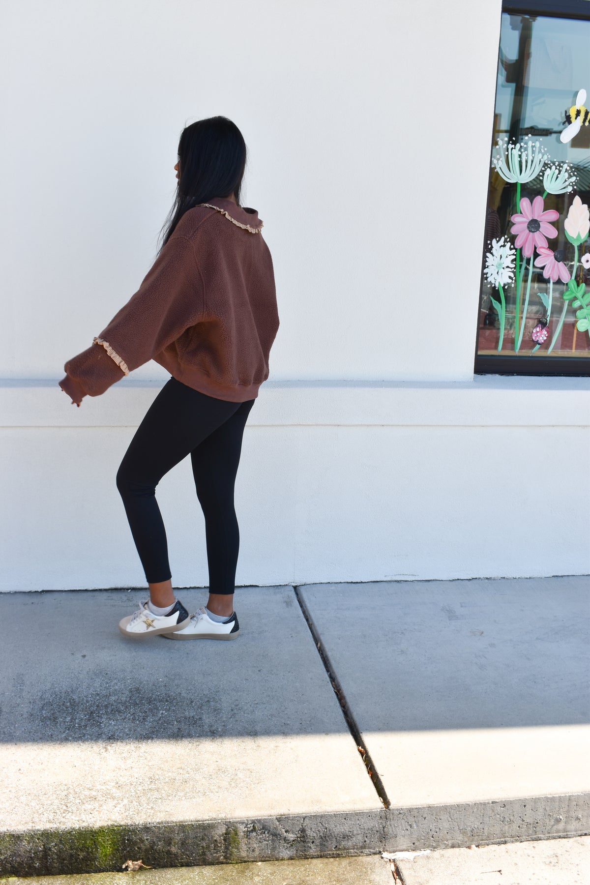 Gingham Fleece Collared Pullover: Brown
