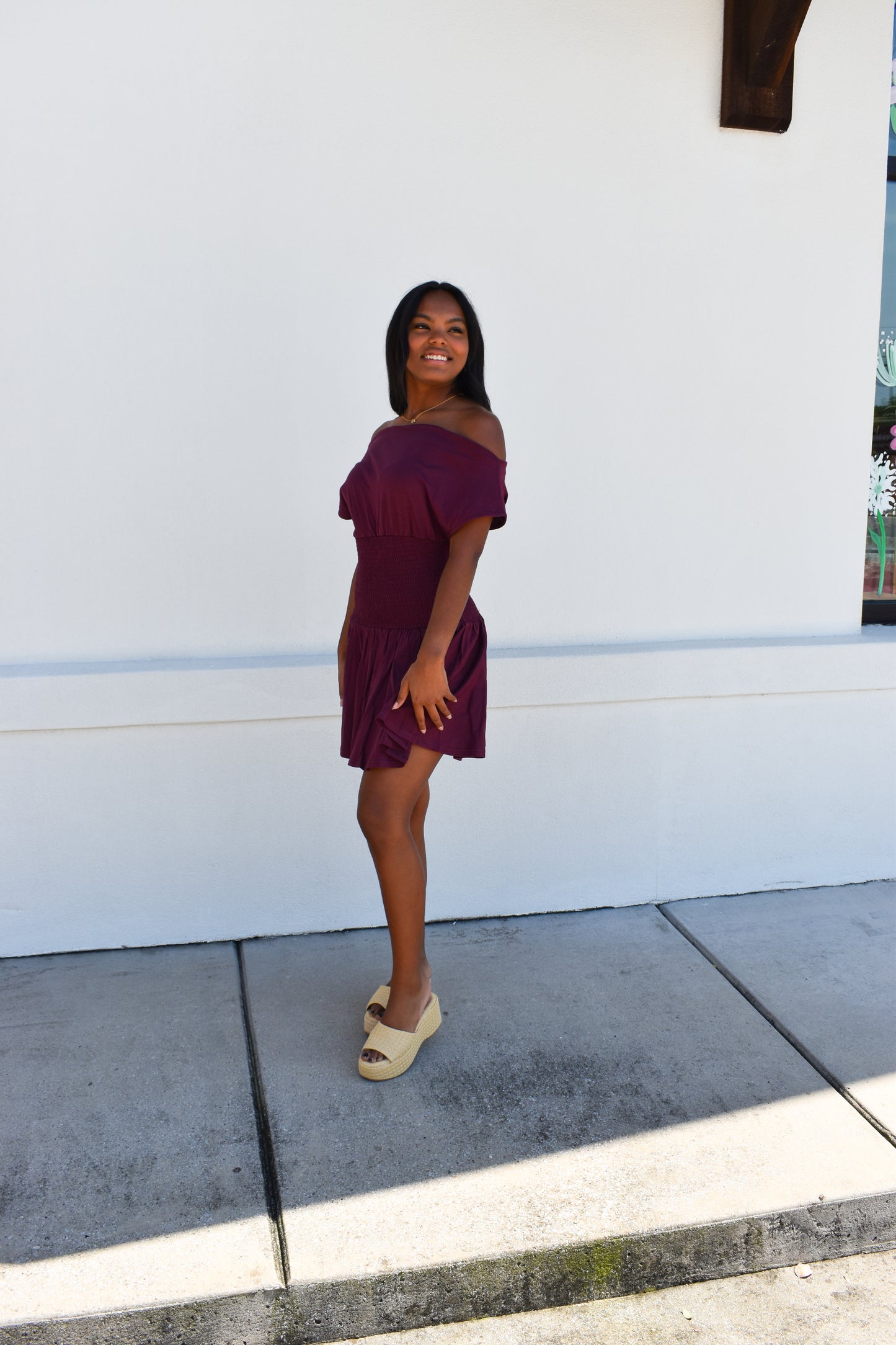 Off Shoulder Smocked Waist Dress: Wine