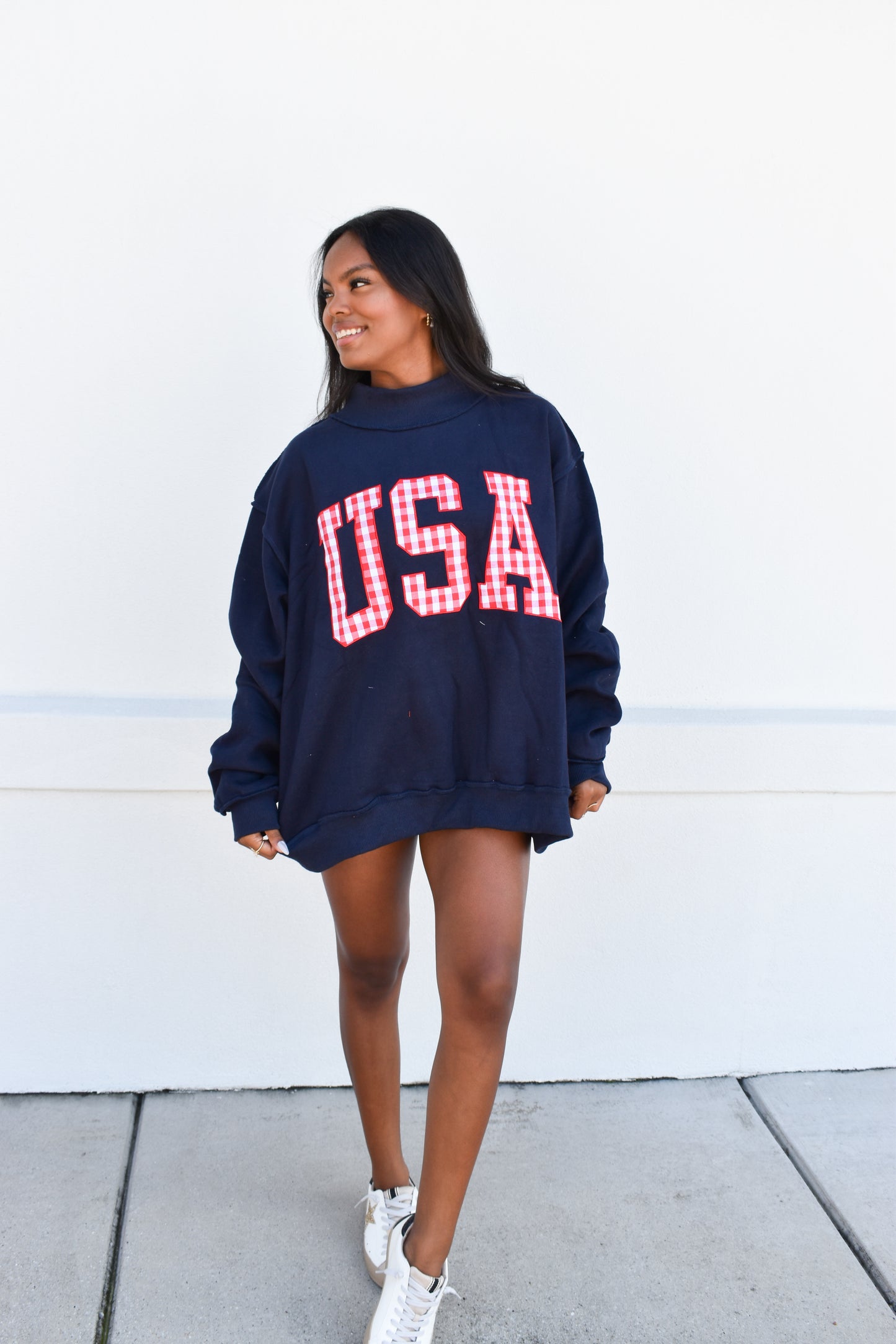 Gingham Embroidery "USA" Mock Neck Sweatshirt