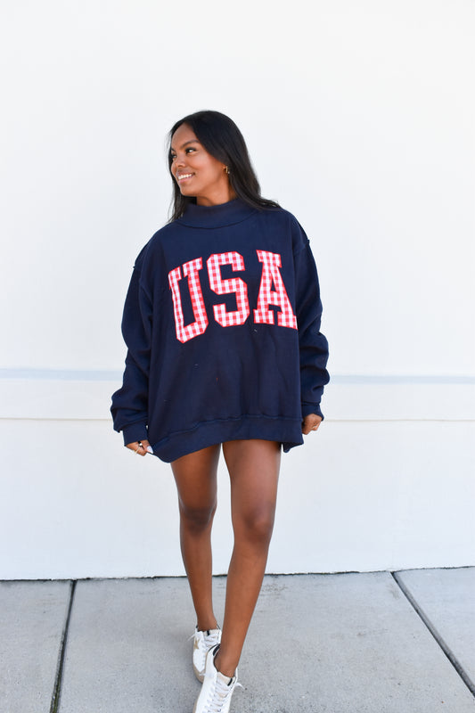 Gingham Embroidery "USA" Mock Neck Sweatshirt