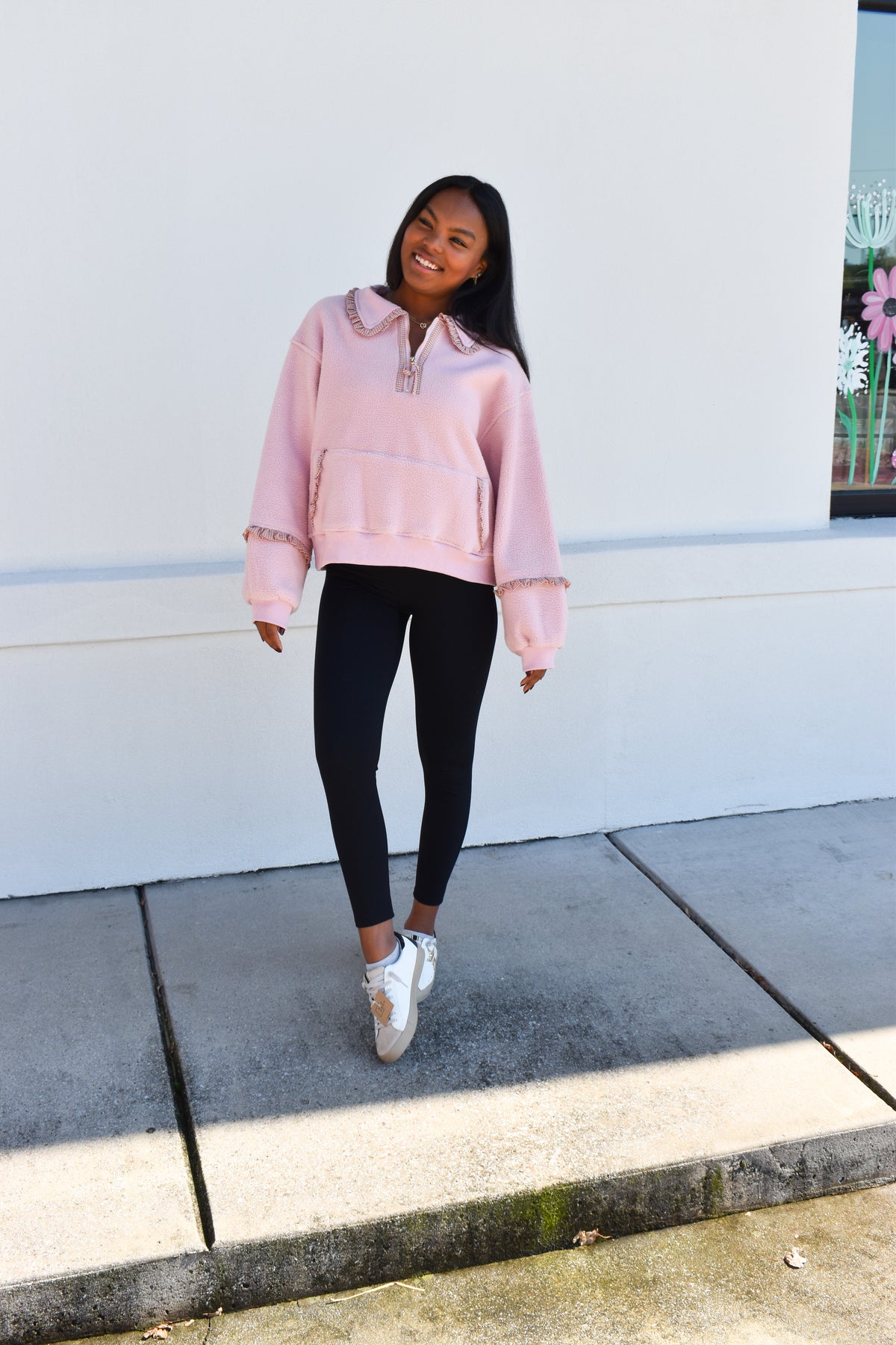 Gingham Fleece Collared Pullover: Pink