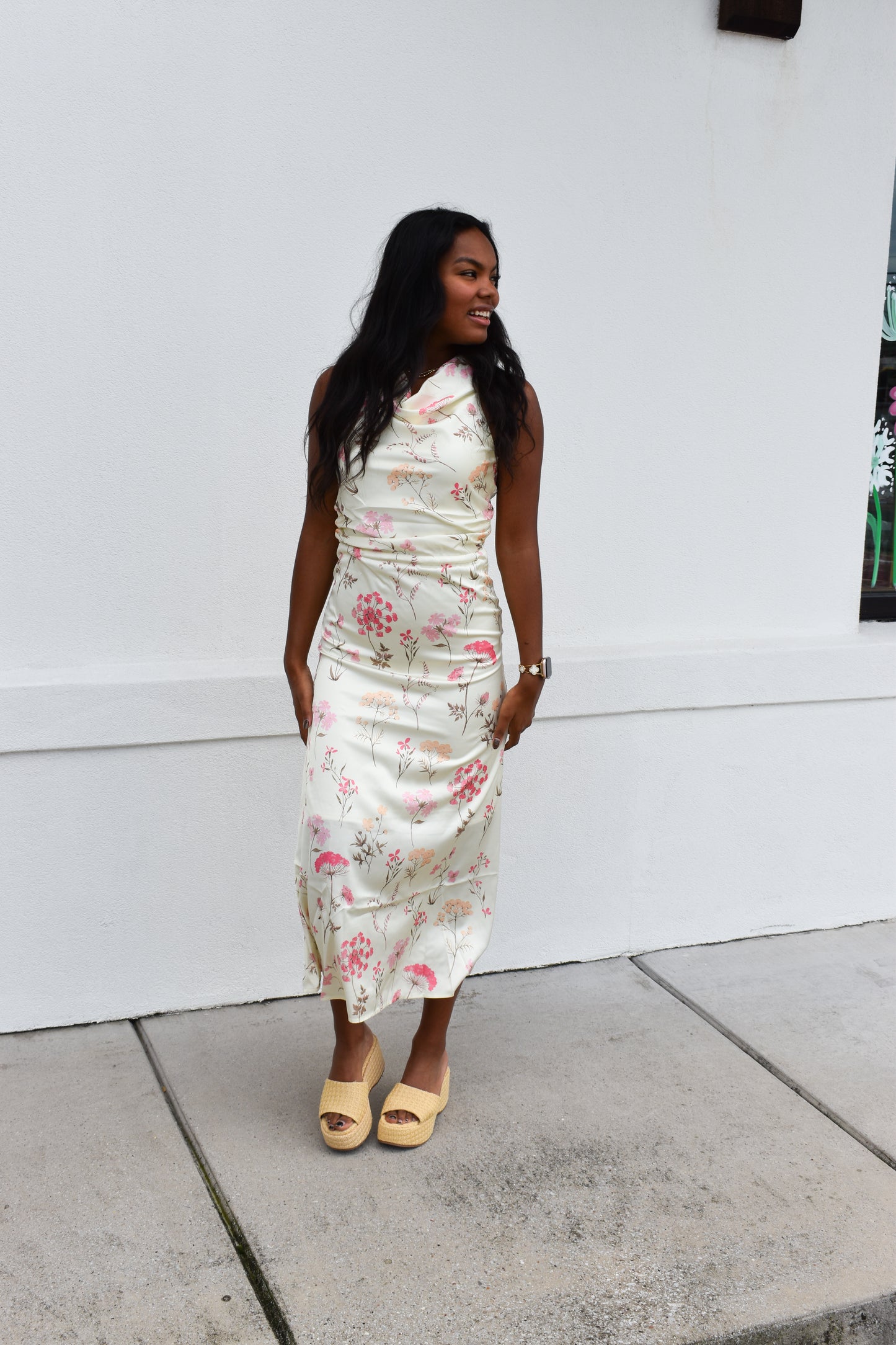 Cowl Neck Floral Midi Dress