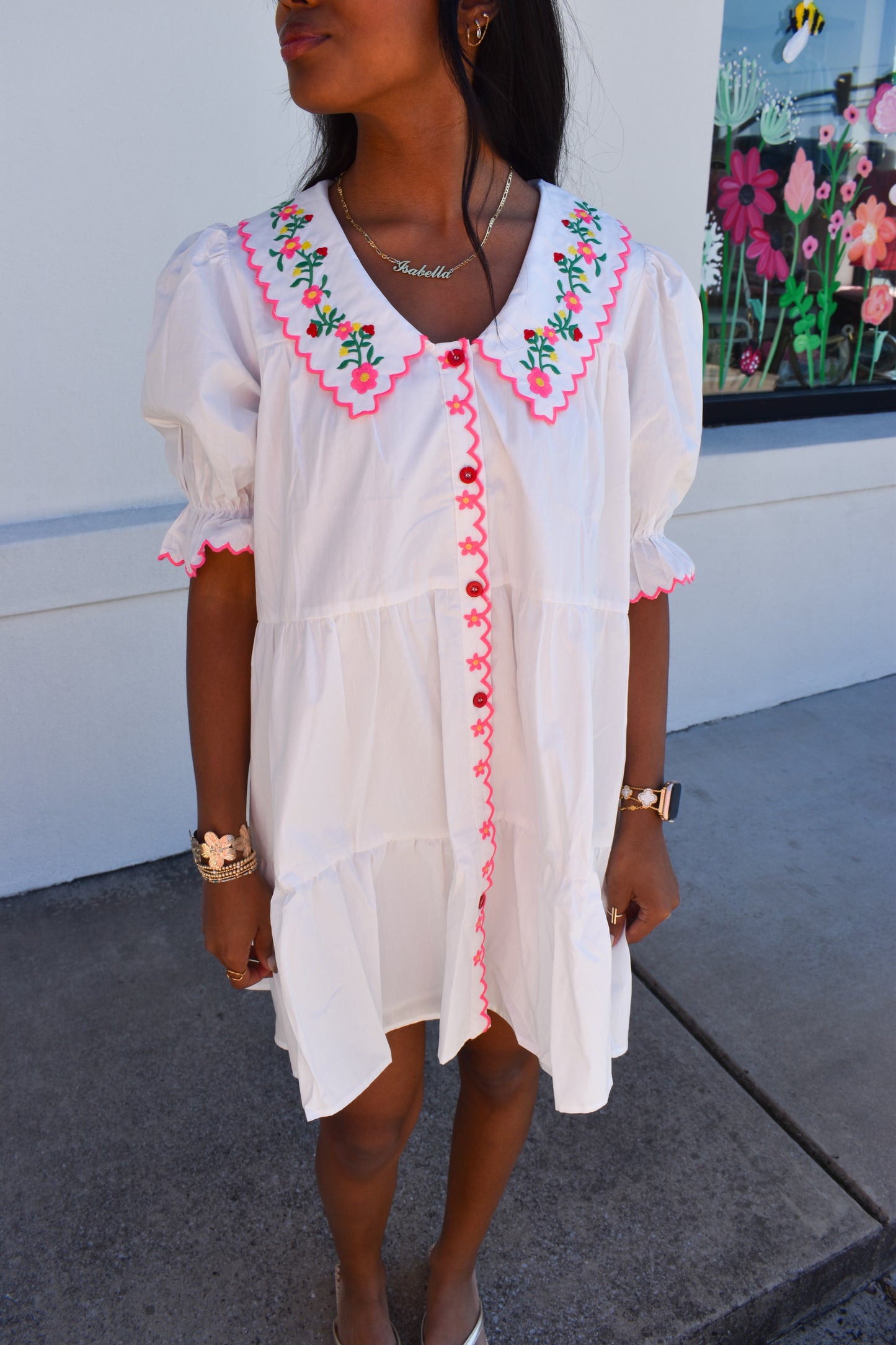 Floral Embroidered Scallop Dress