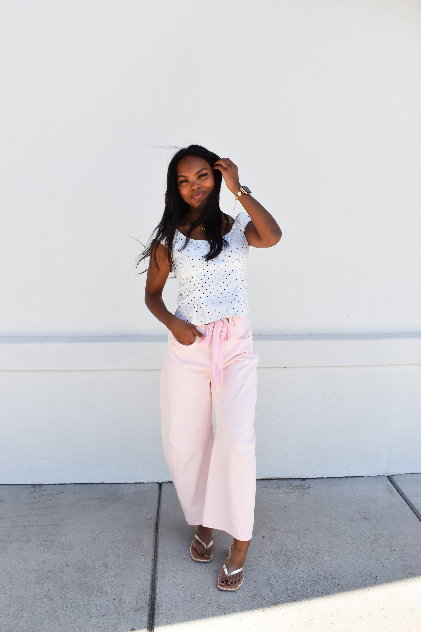 Pink Eyelet Thru Cotton Belt Barrel Jean