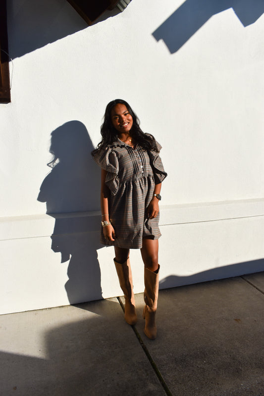 Ruffle Sleeves Pintuck Plaid Mini Dress