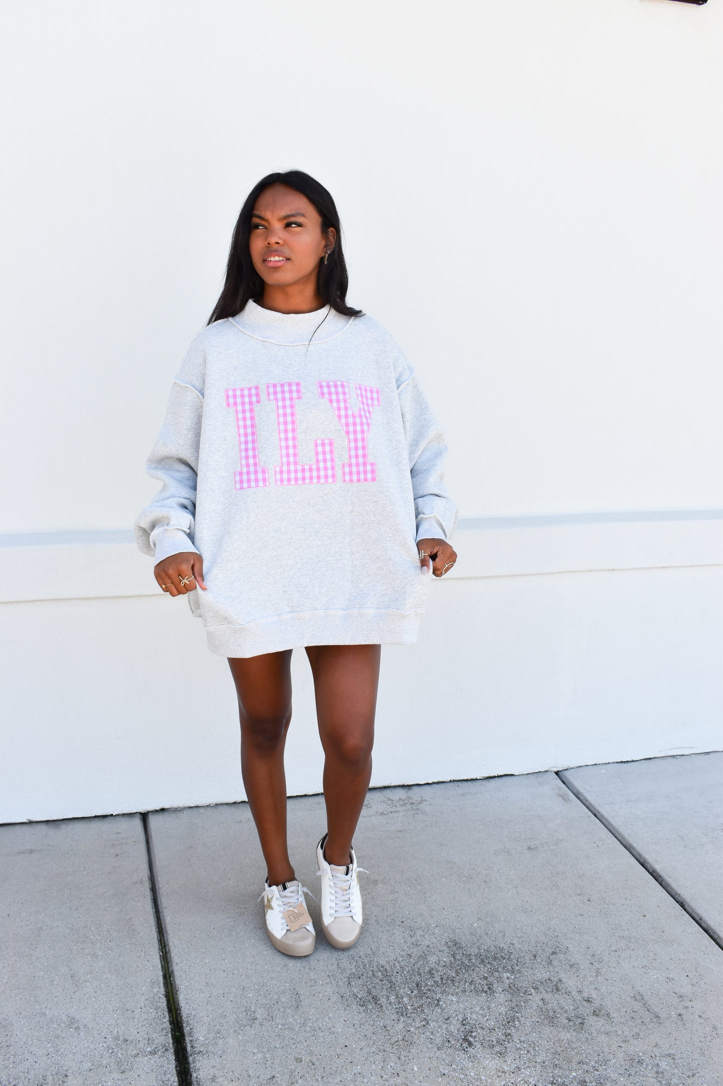 "ILY" Gingham Embroidered Mockneck