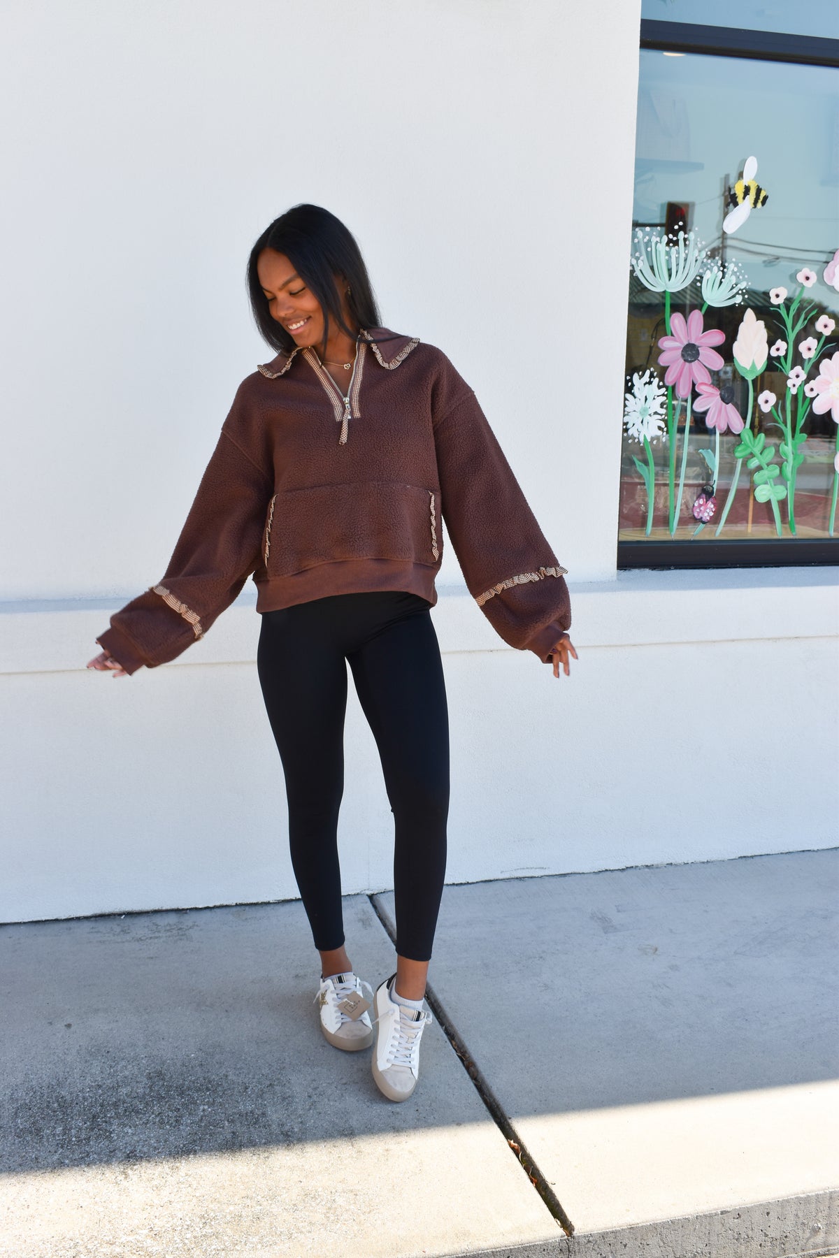 Gingham Fleece Collared Pullover: Brown