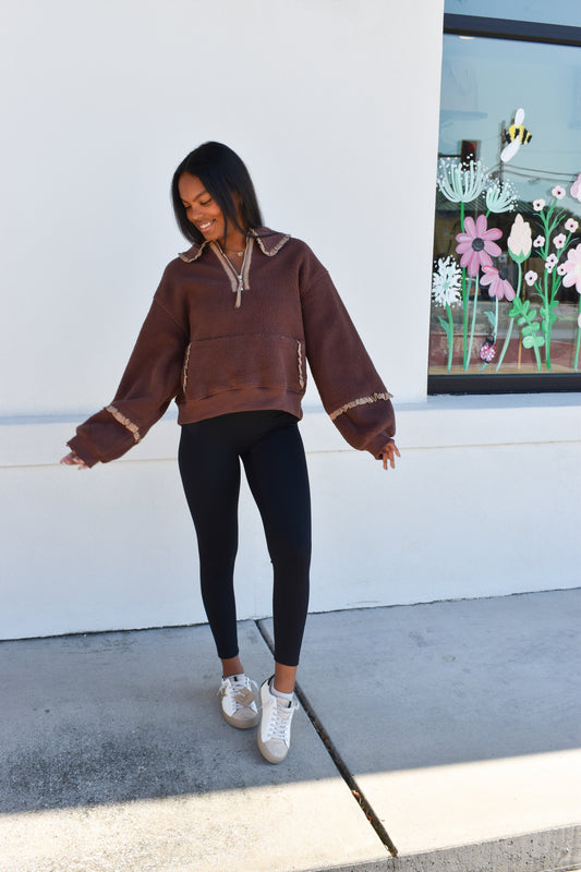 Gingham Fleece Collared Pullover: Brown