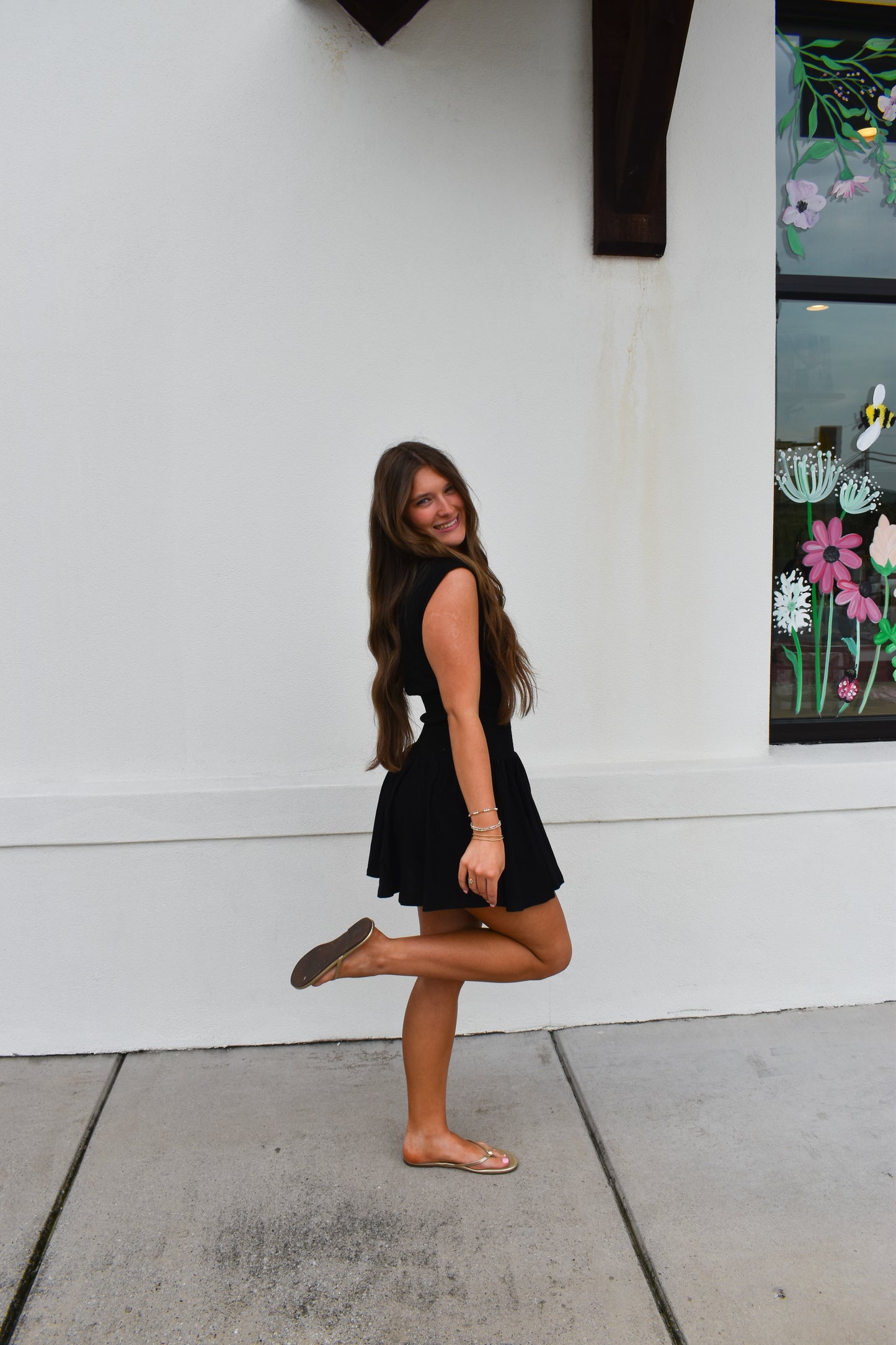 Off Shoulder Smocked Waist Dress: Black