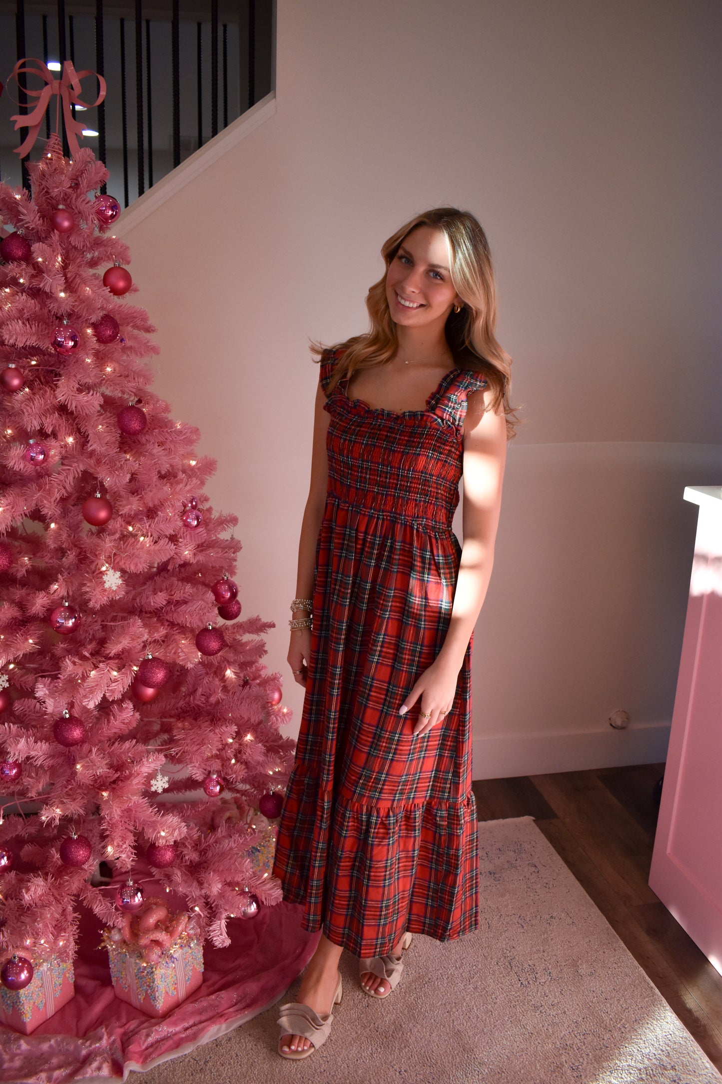 Plaid Smocked Dress W/ Ruffle Hem