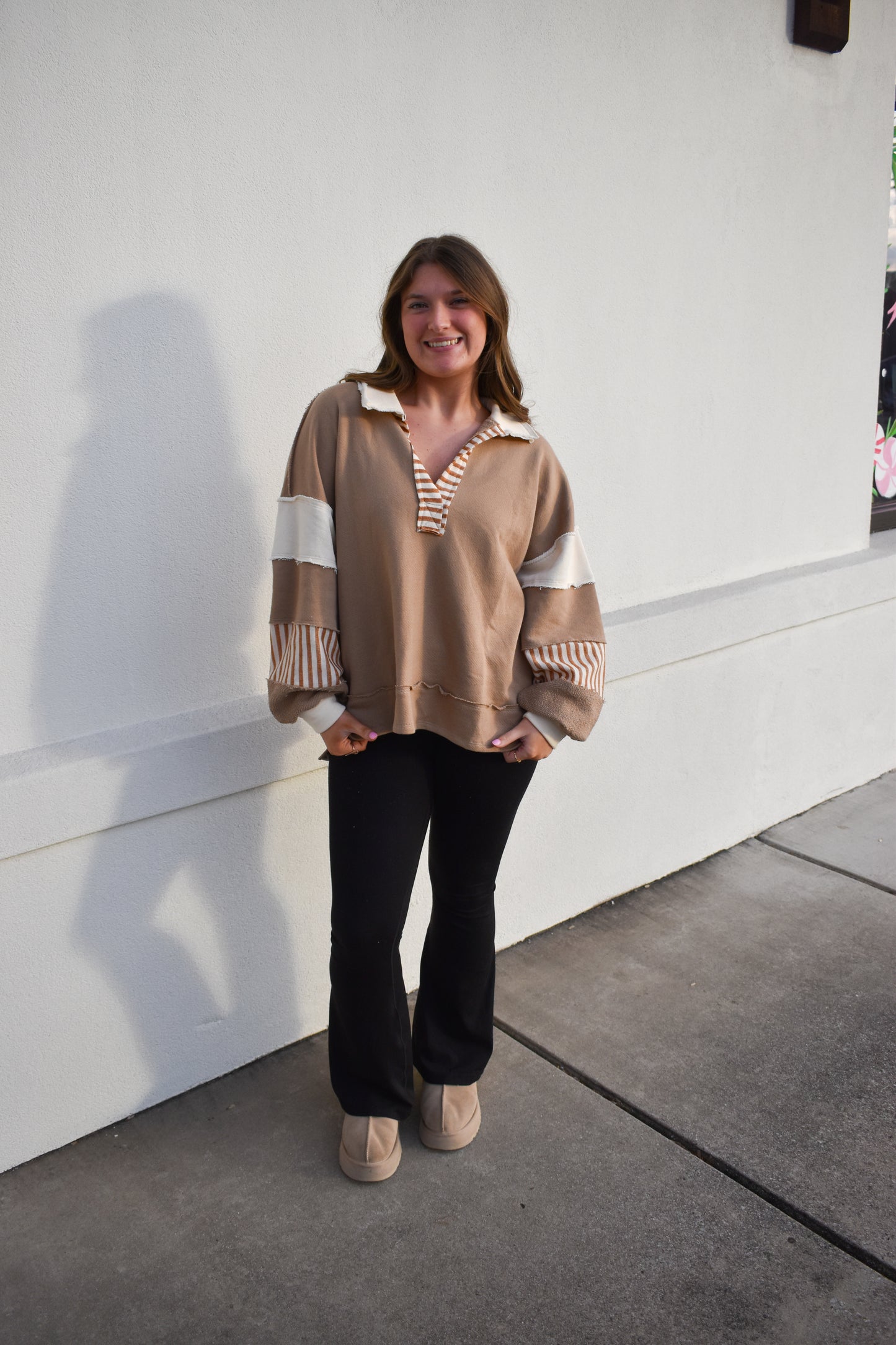 Terry Knit Collared Top: Brown/Cream