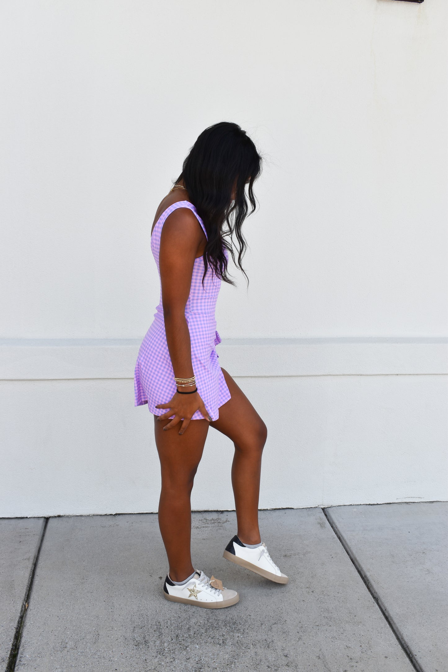 Gingham Athletic Wrap Tie Dress: Purple