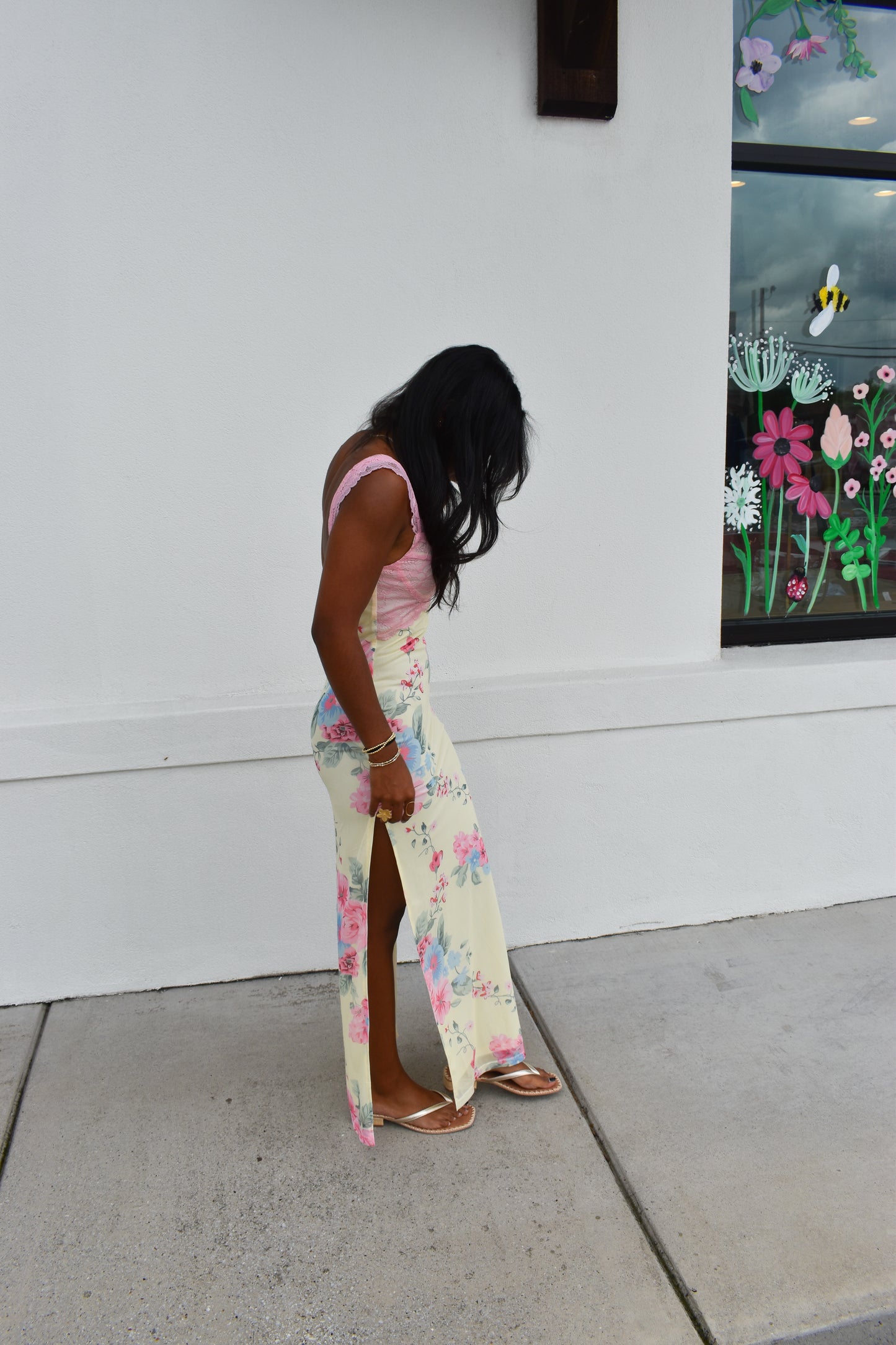 Mesh Floral Print Lace Detail Side Slit Maxi Dress