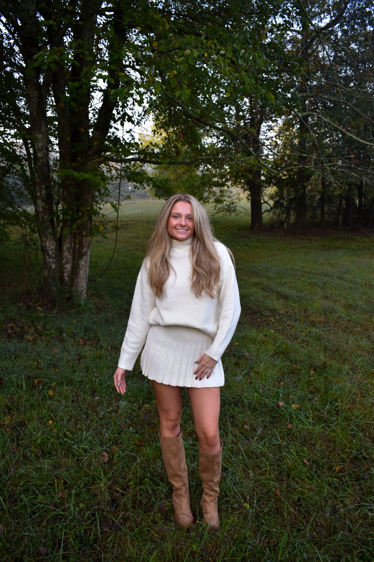 Turtleneck Pullover Sweater & Pleated Skirt Set