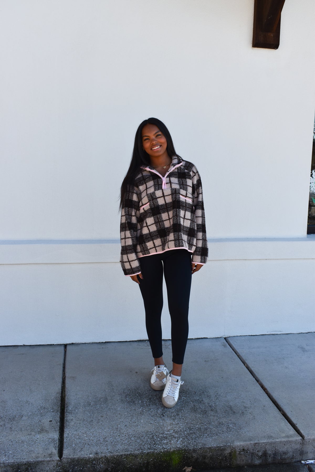 Plaid Sherpa Half-Zip W/ Pink Detail