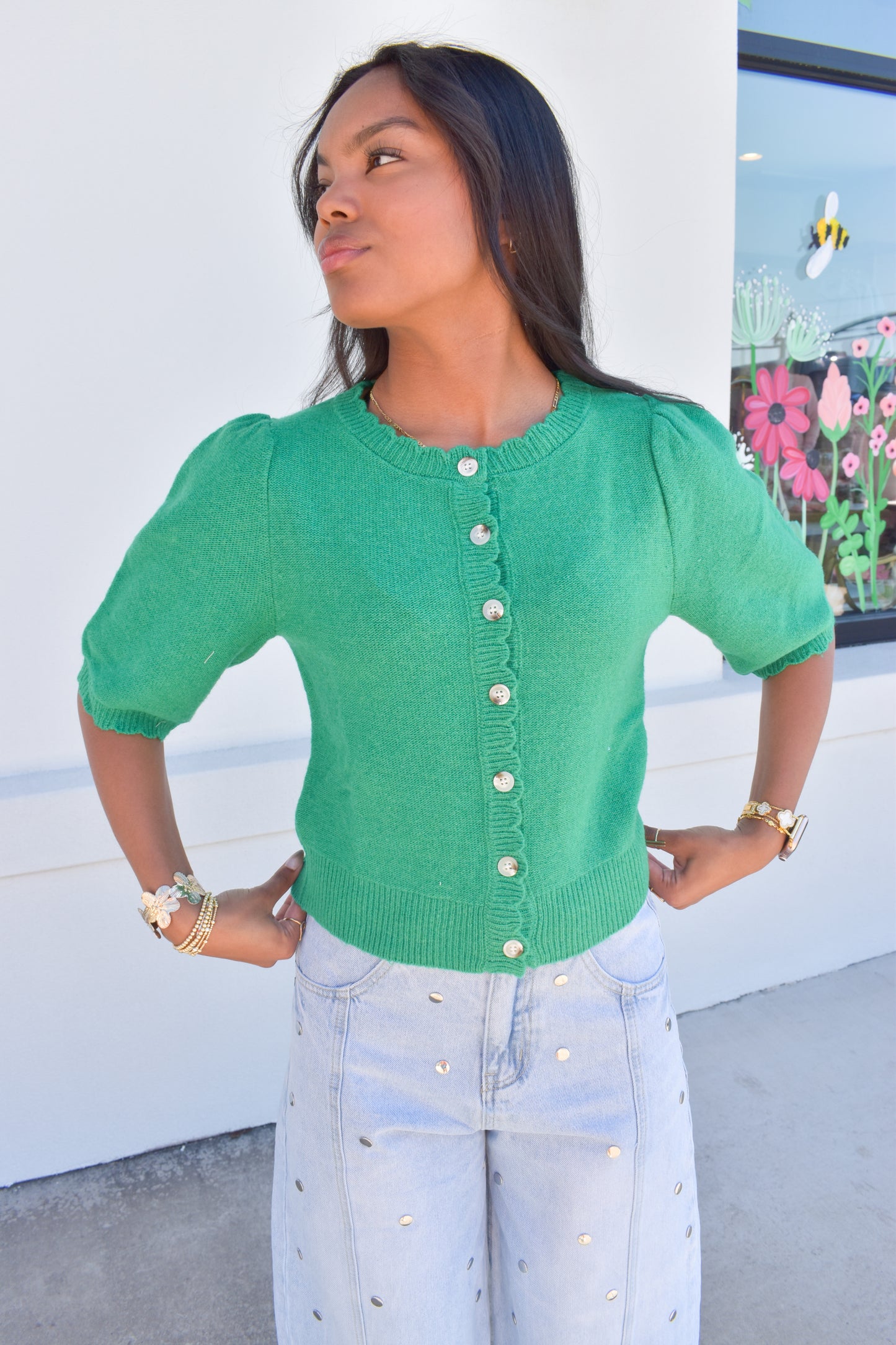 Green Button Short Sleeve Cardigan