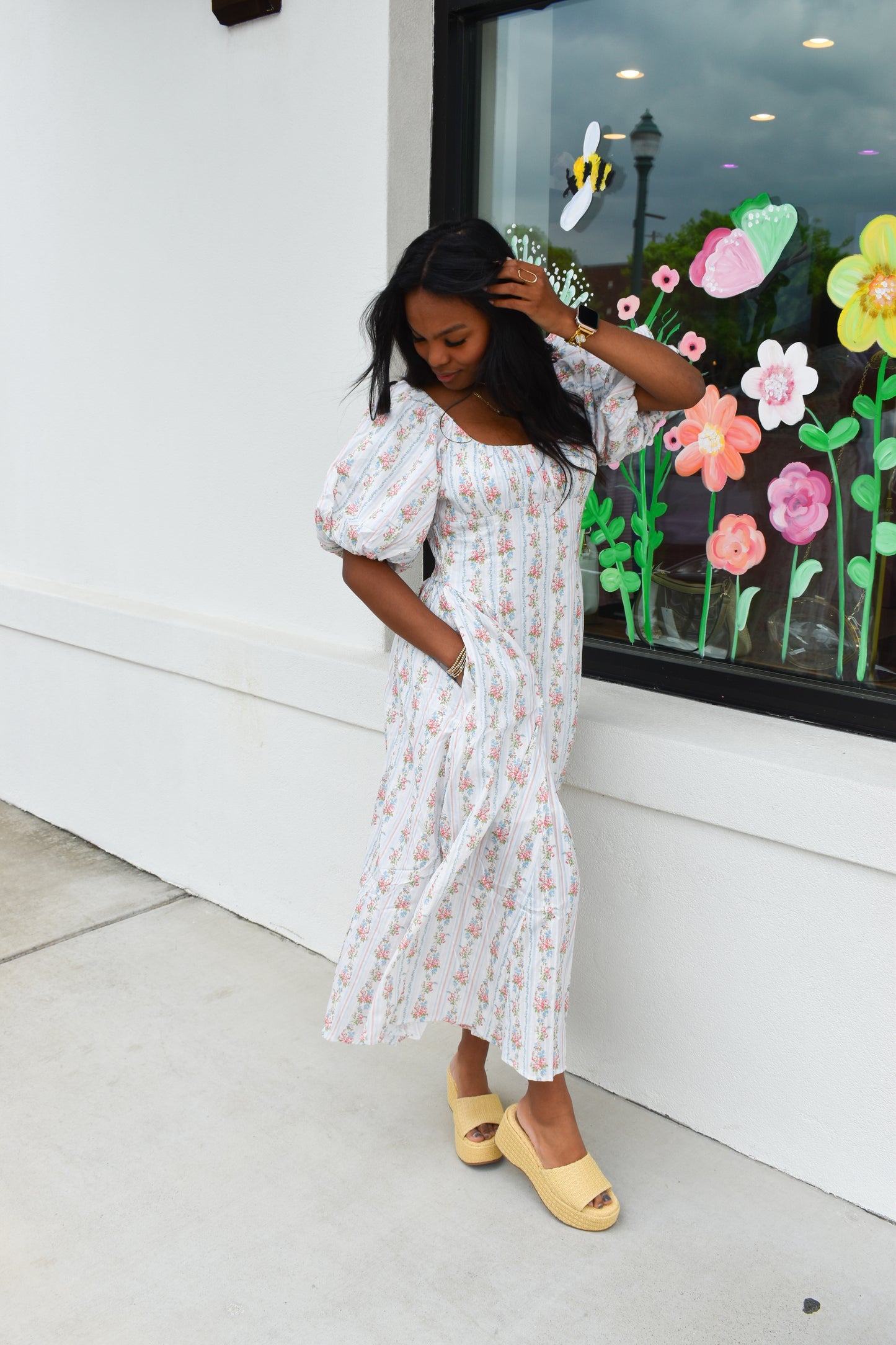 Floral Bubble Maxi Dress W/ Pin Stripe Detail