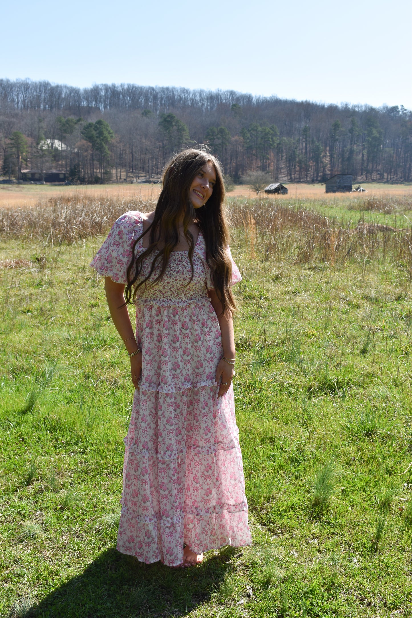 Bubble Floral Bow Maxi Dress
