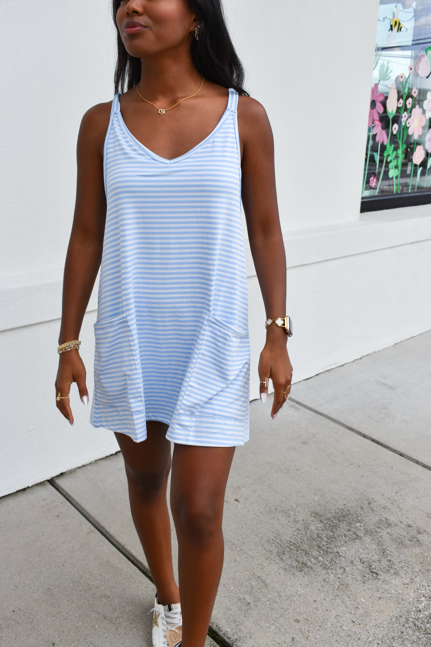 Striped Romper Dress W/ Built In Romper: Blue