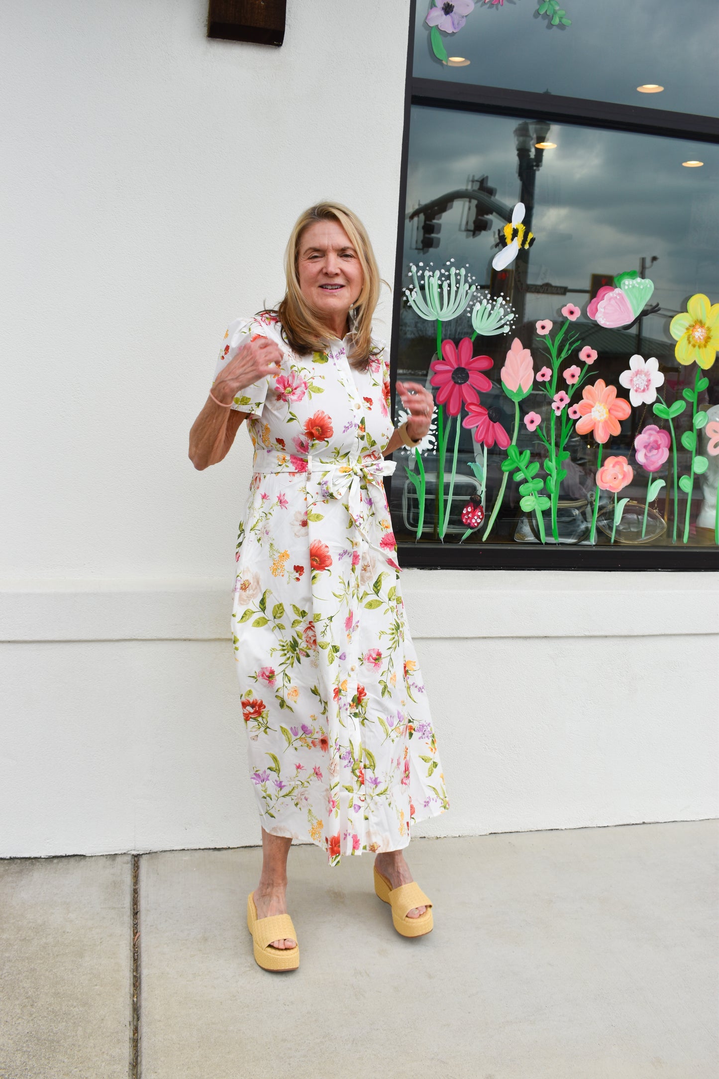 Floral Short Sleeve Belted Midi Dress
