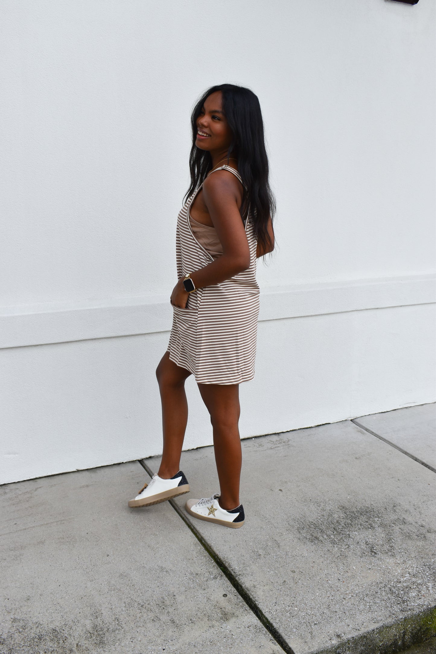 Striped Romper Dress W/ Built In Romper: Brown