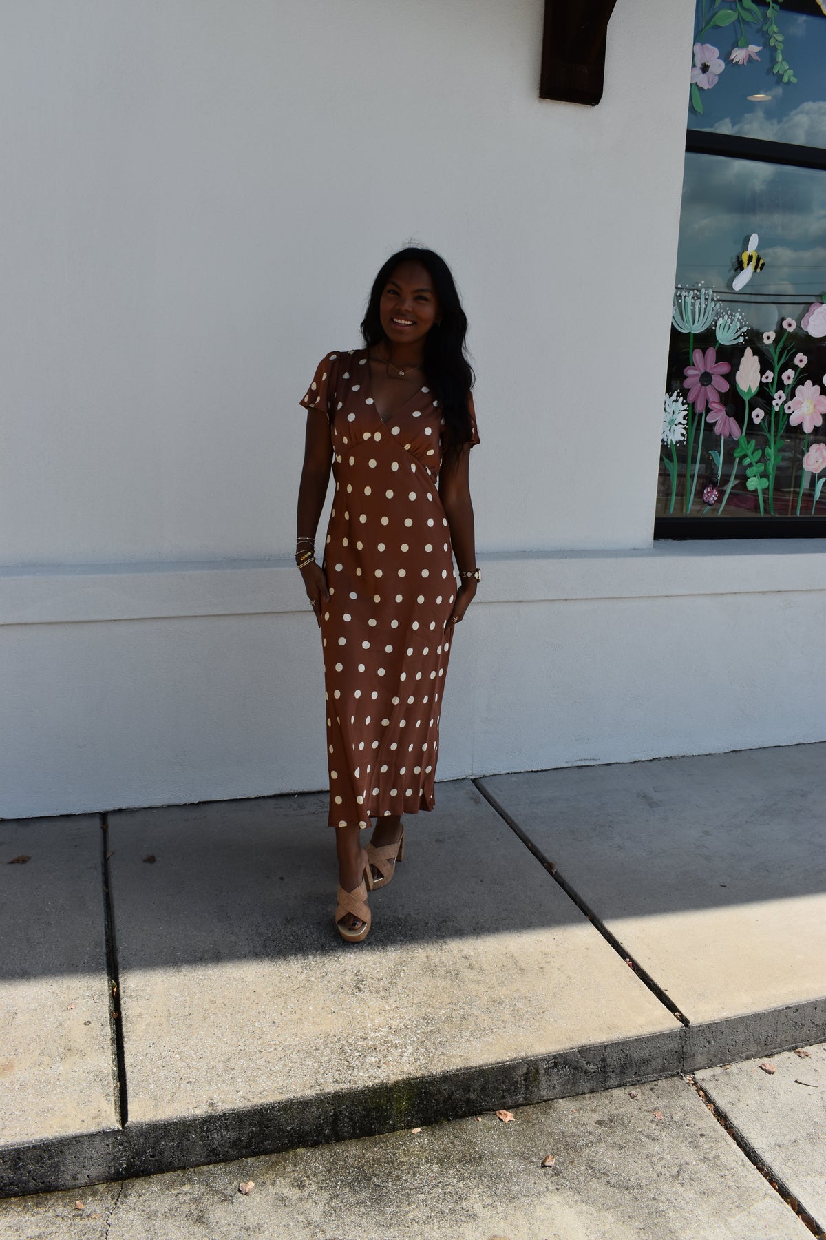 V Neck Satin Polka Dot Maxi