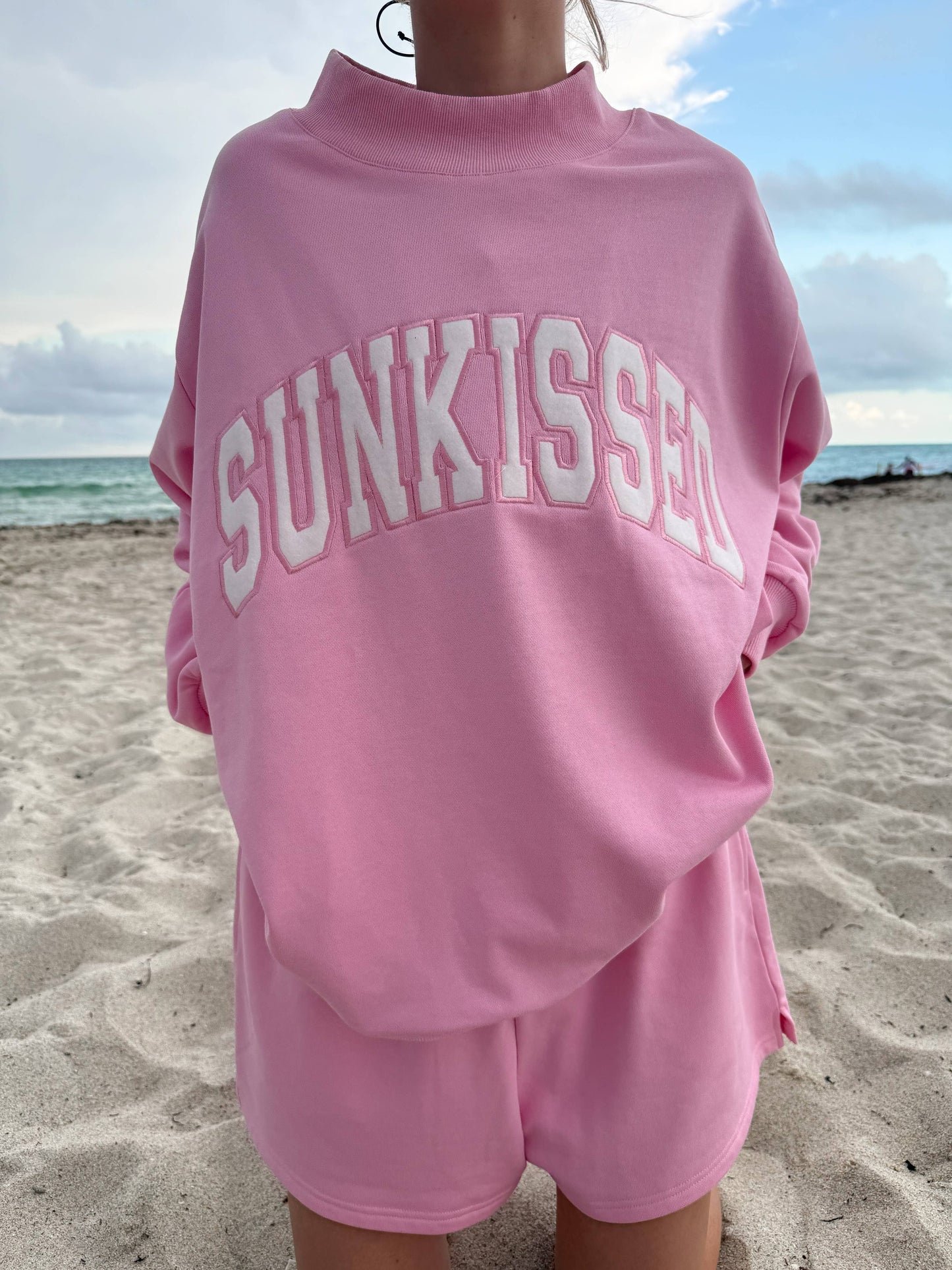 Lottie Pink Varsity Sunkissed Embroidered Mockneck: Lottie Pink