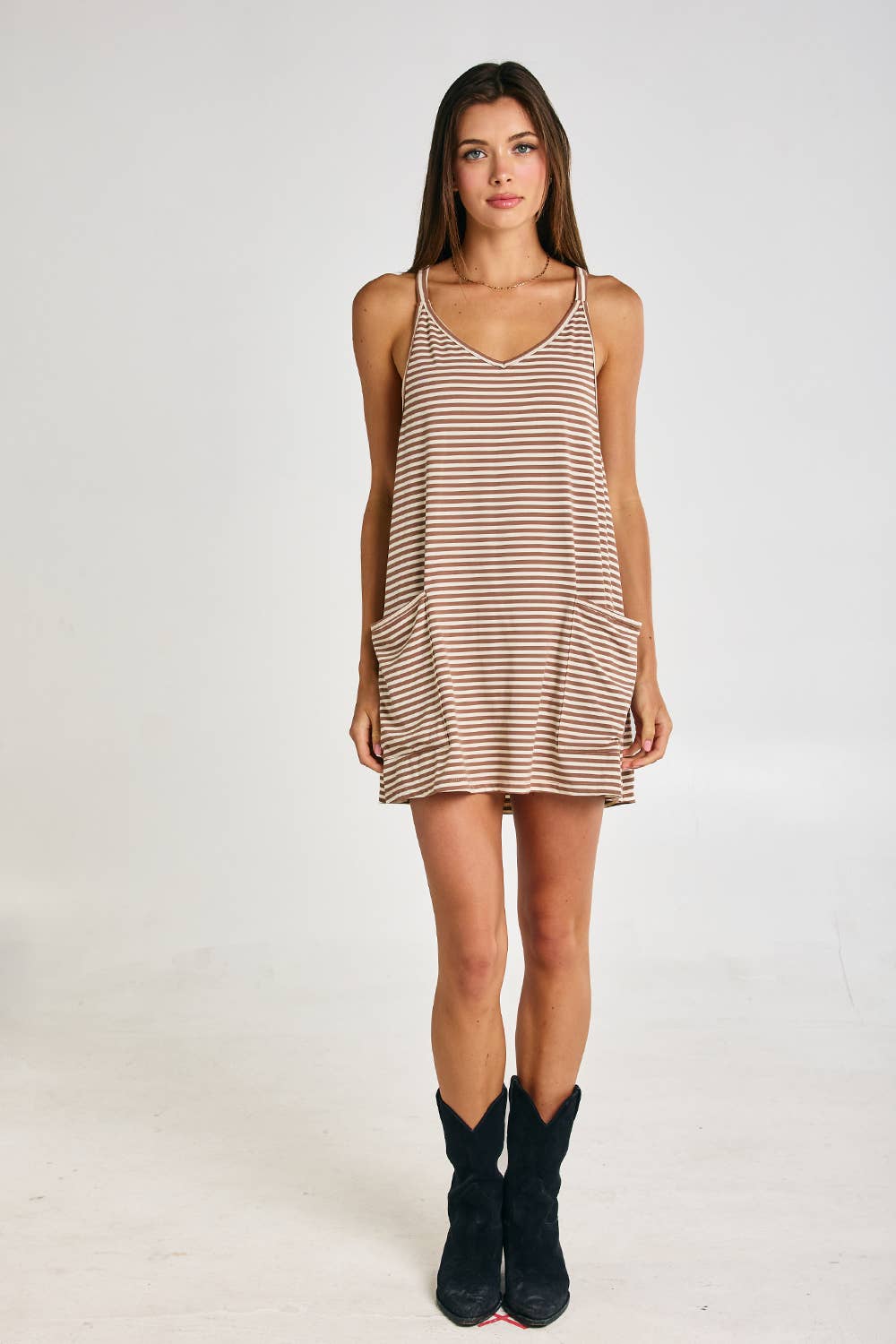 Striped Romper Dress W/ Built In Romper: Brown