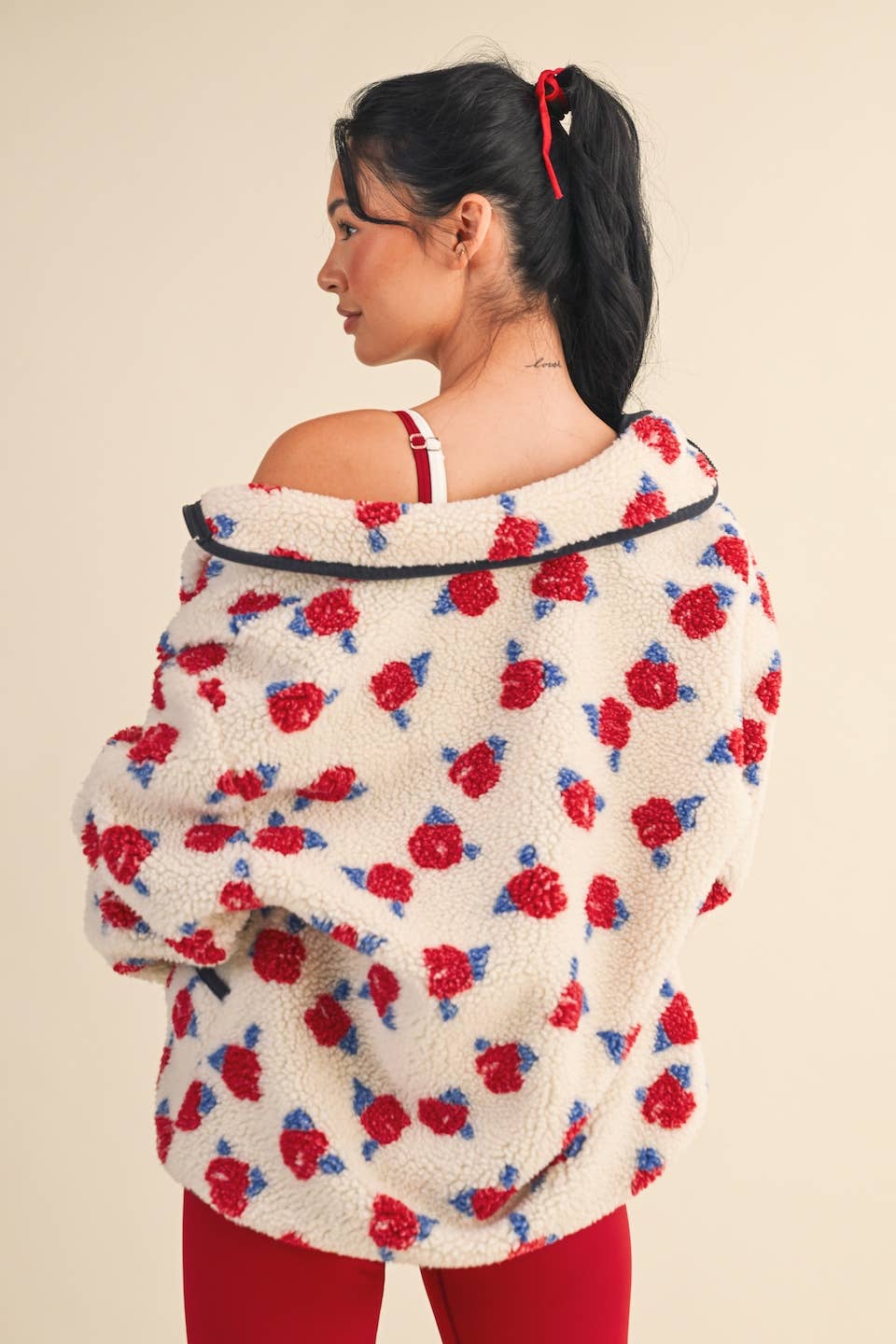 Cozy Oversized Rose Pattern Fleece Zip Up Jacket