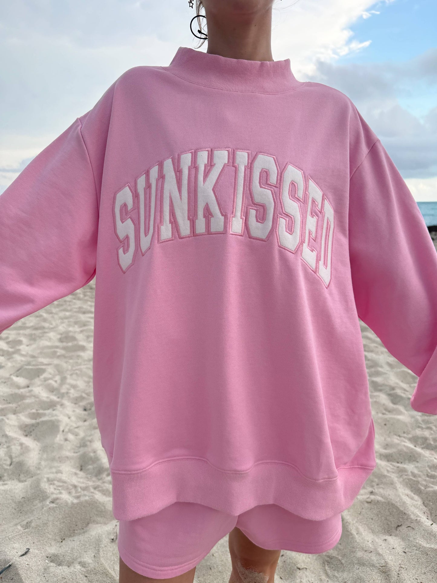 Lottie Pink Varsity Sunkissed Embroidered Mockneck: Lottie Pink
