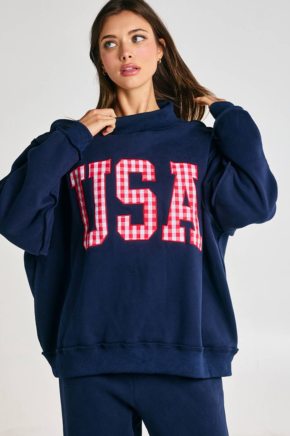 Gingham Embroidery "USA" Mock Neck Sweatshirt