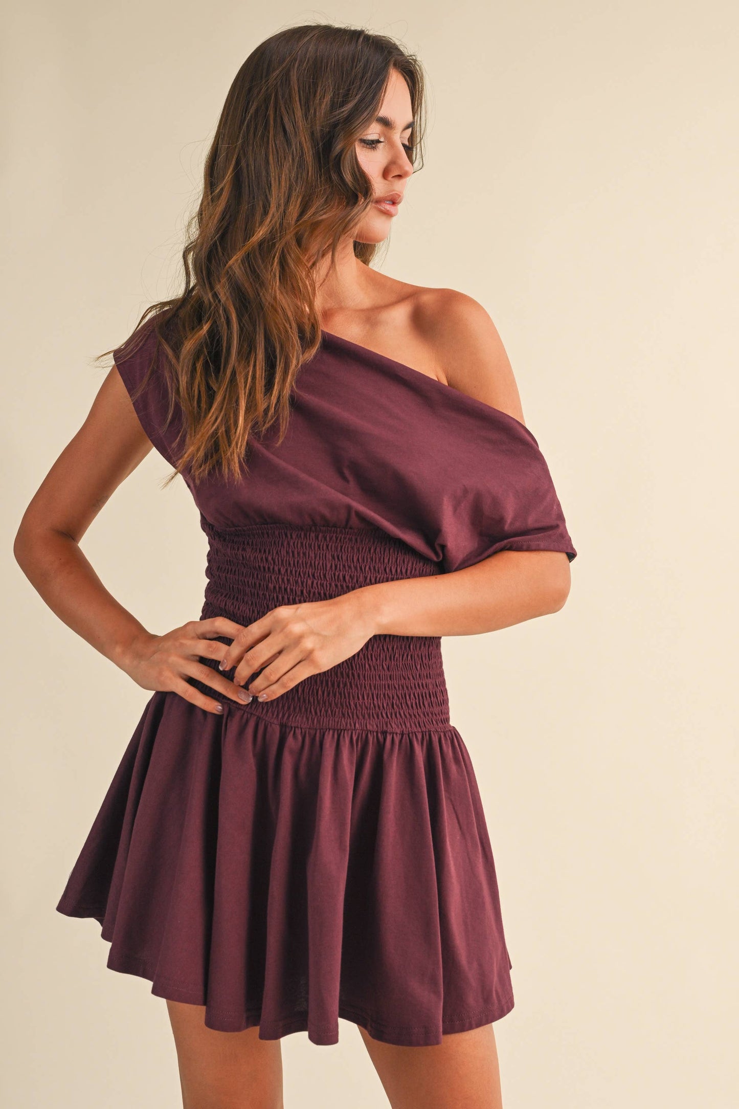 Off Shoulder Smocked Waist Dress: Wine