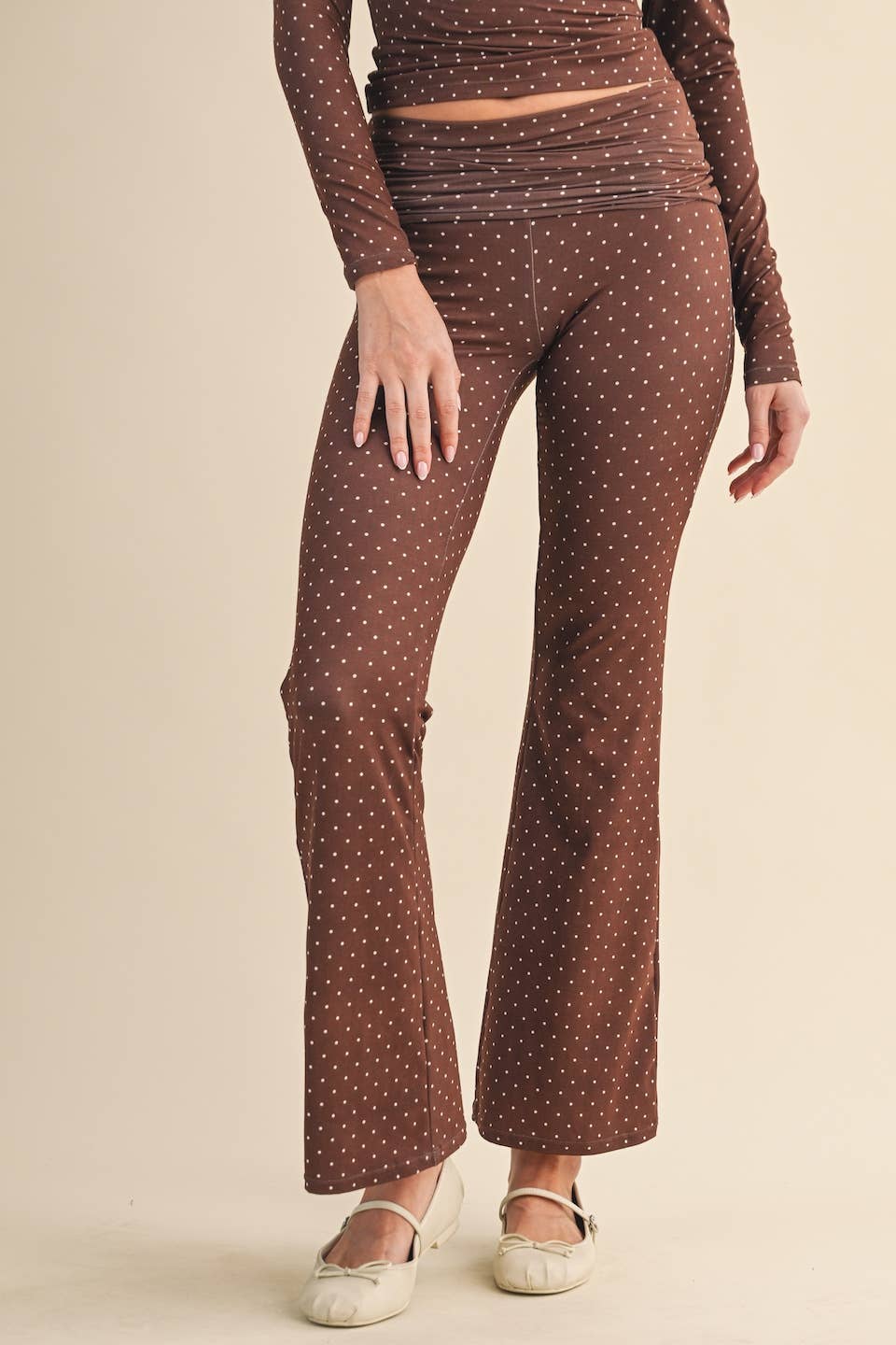 Polka Dot Print Soft Knit Jersey Foldover Flare Pants