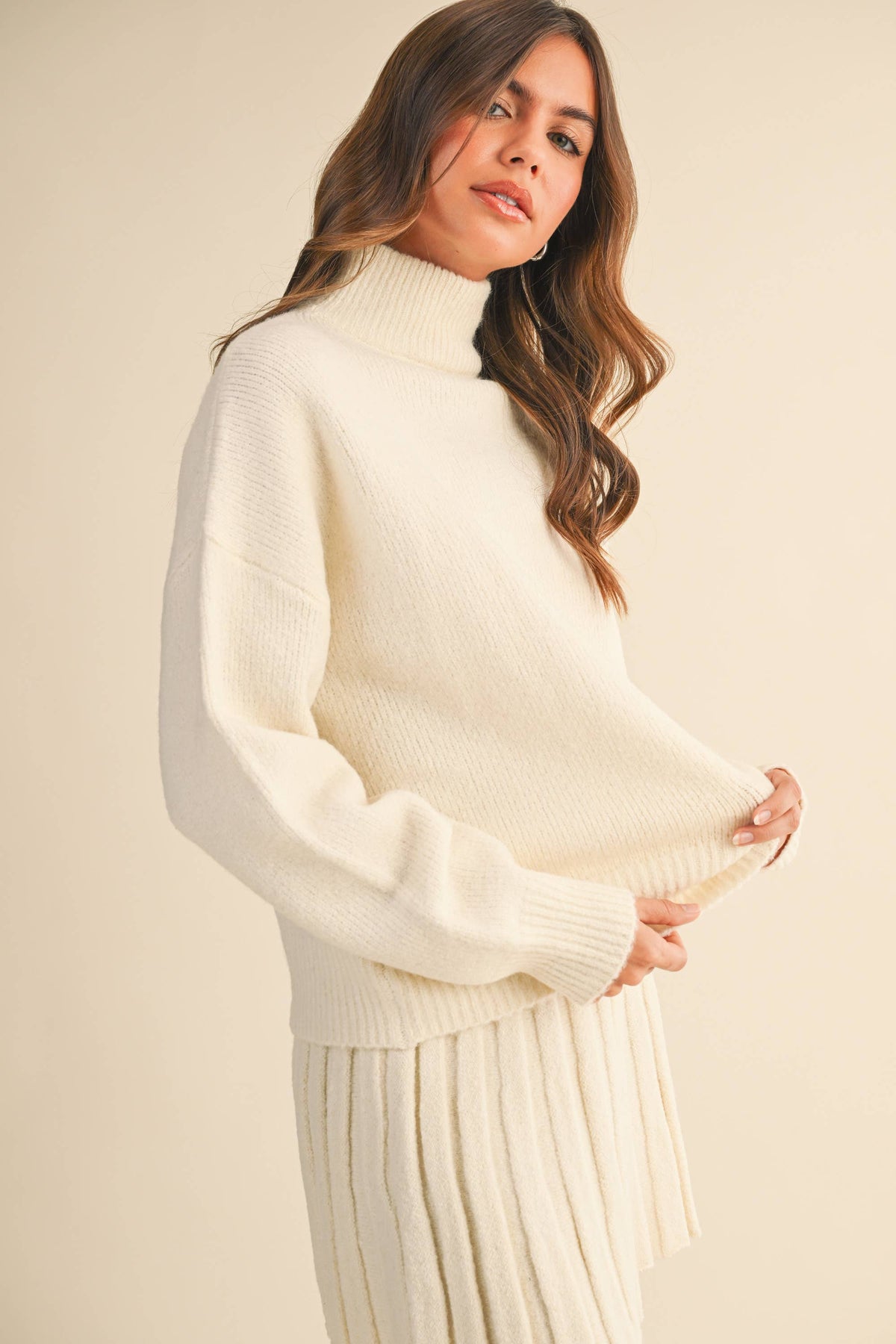 Turtleneck Pullover Sweater & Pleated Skirt Set