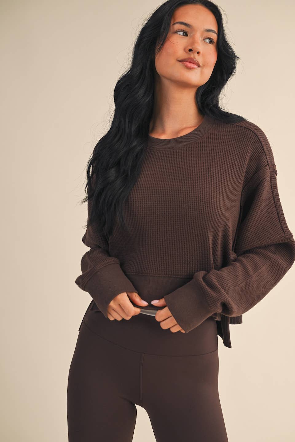 Waffle Knit Oversized Long Sleeve Top: Brown