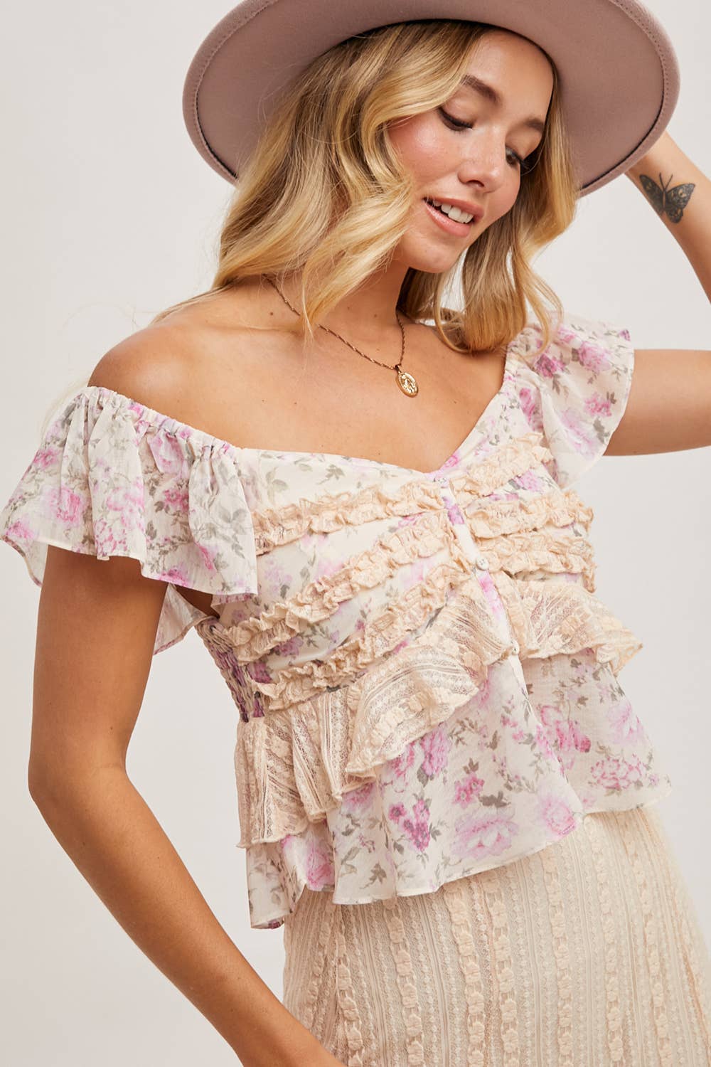 Floral Print Ruffle Lace Sweetheart Top