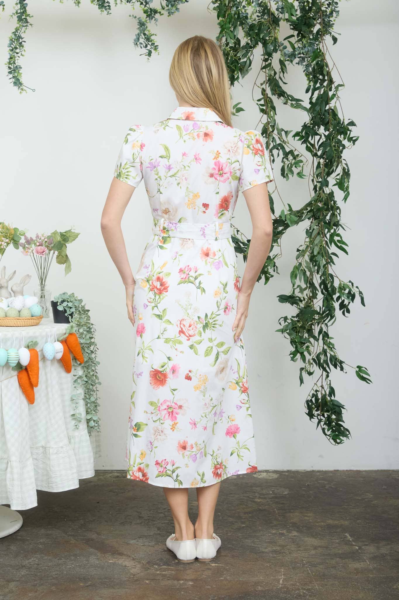 Floral Short Sleeve Belted Midi Dress