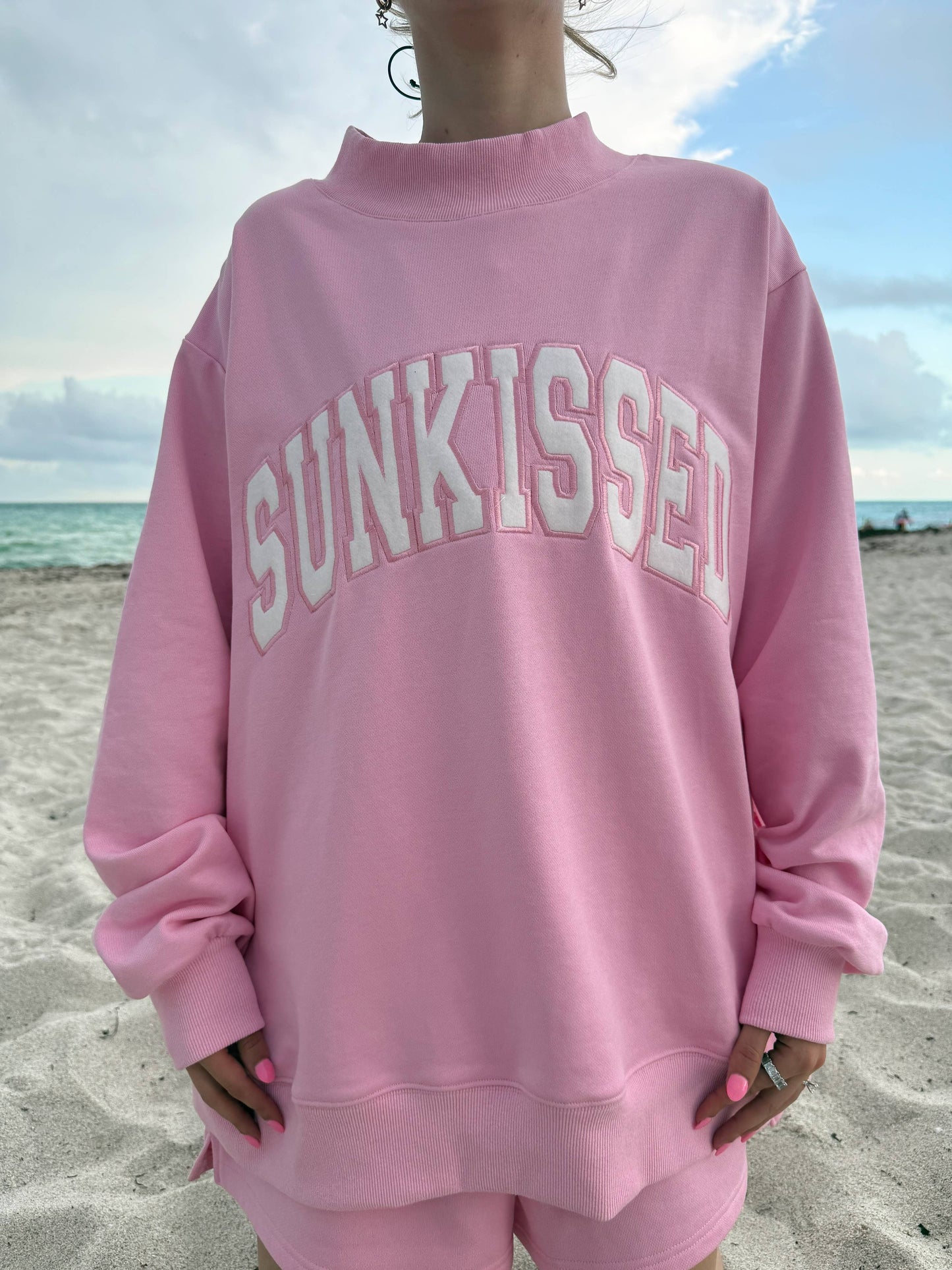 Lottie Pink Varsity Sunkissed Embroidered Mockneck: Lottie Pink