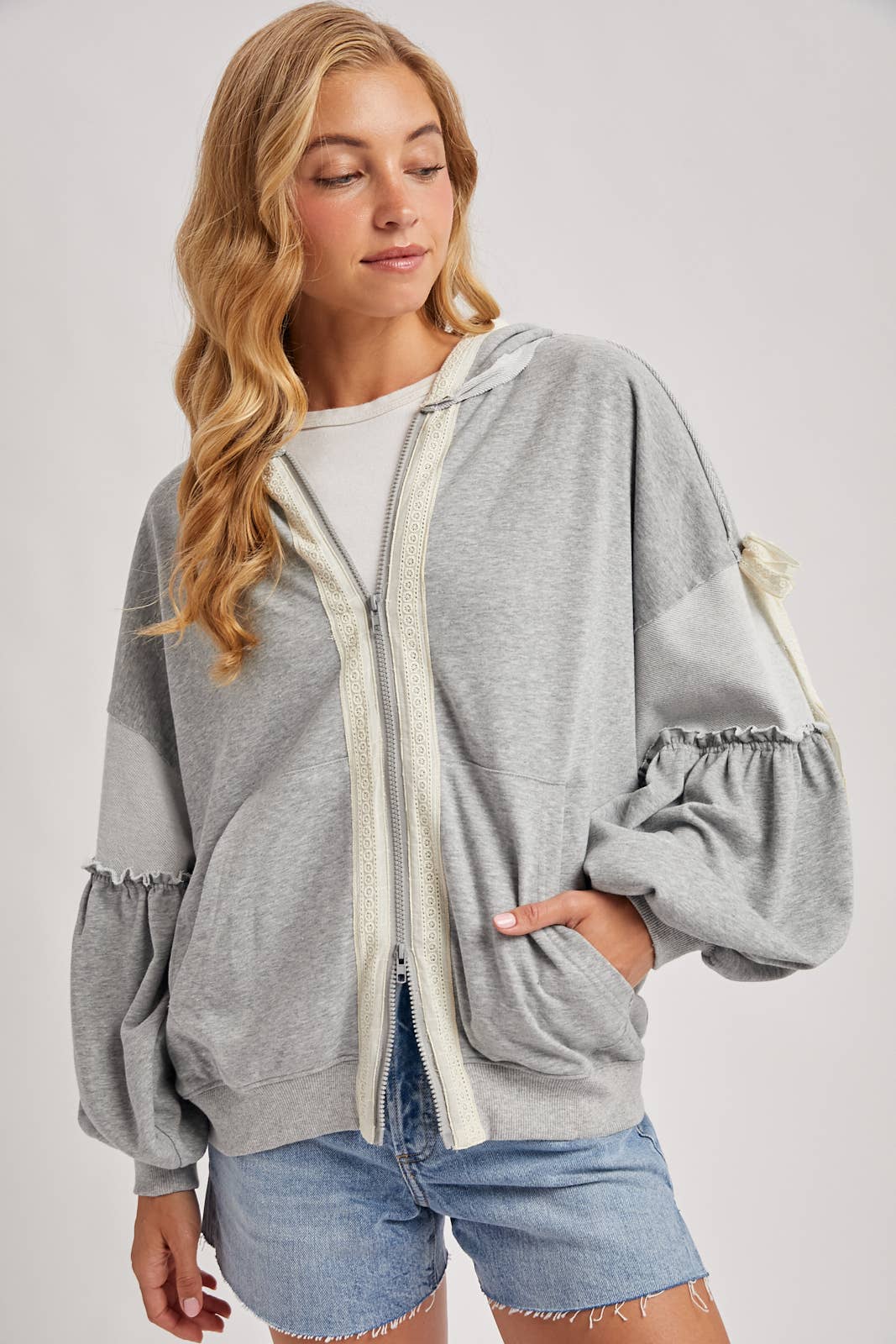 Bow Lace Hoodie W/ Double Zipper