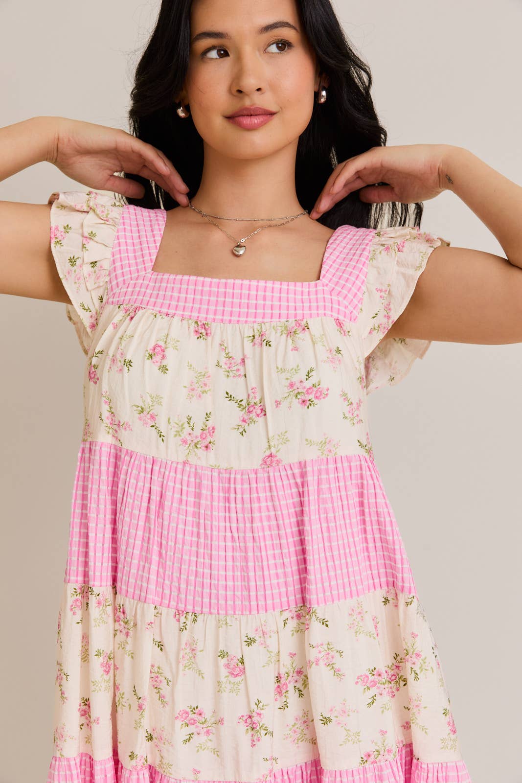 Mini Dress W/ Mixed Floral Print and Pink Gingham