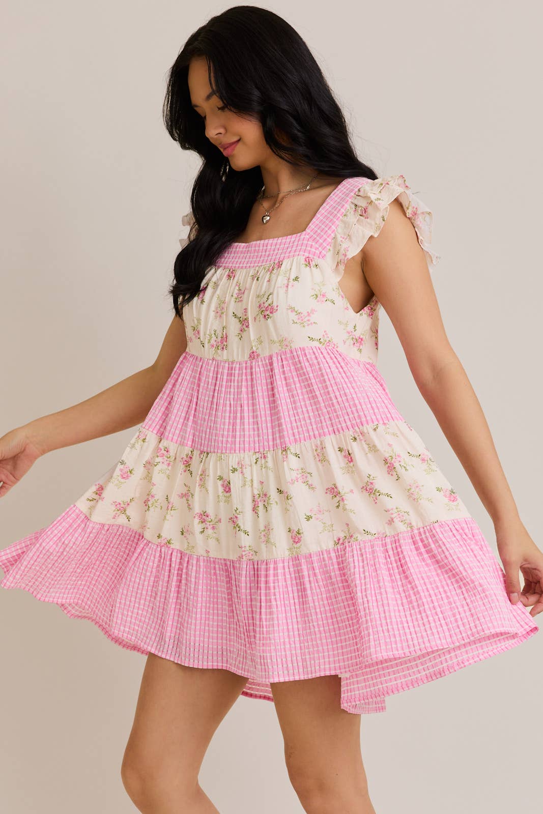 Mini Dress W/ Mixed Floral Print and Pink Gingham