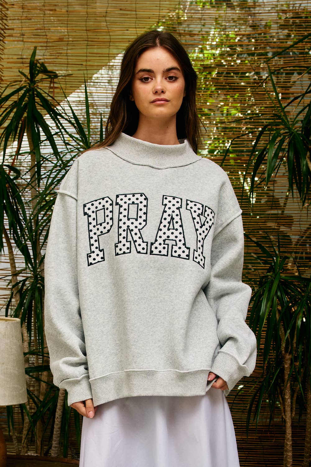 Embroidered "PRAY" Polka Dot Mockneck