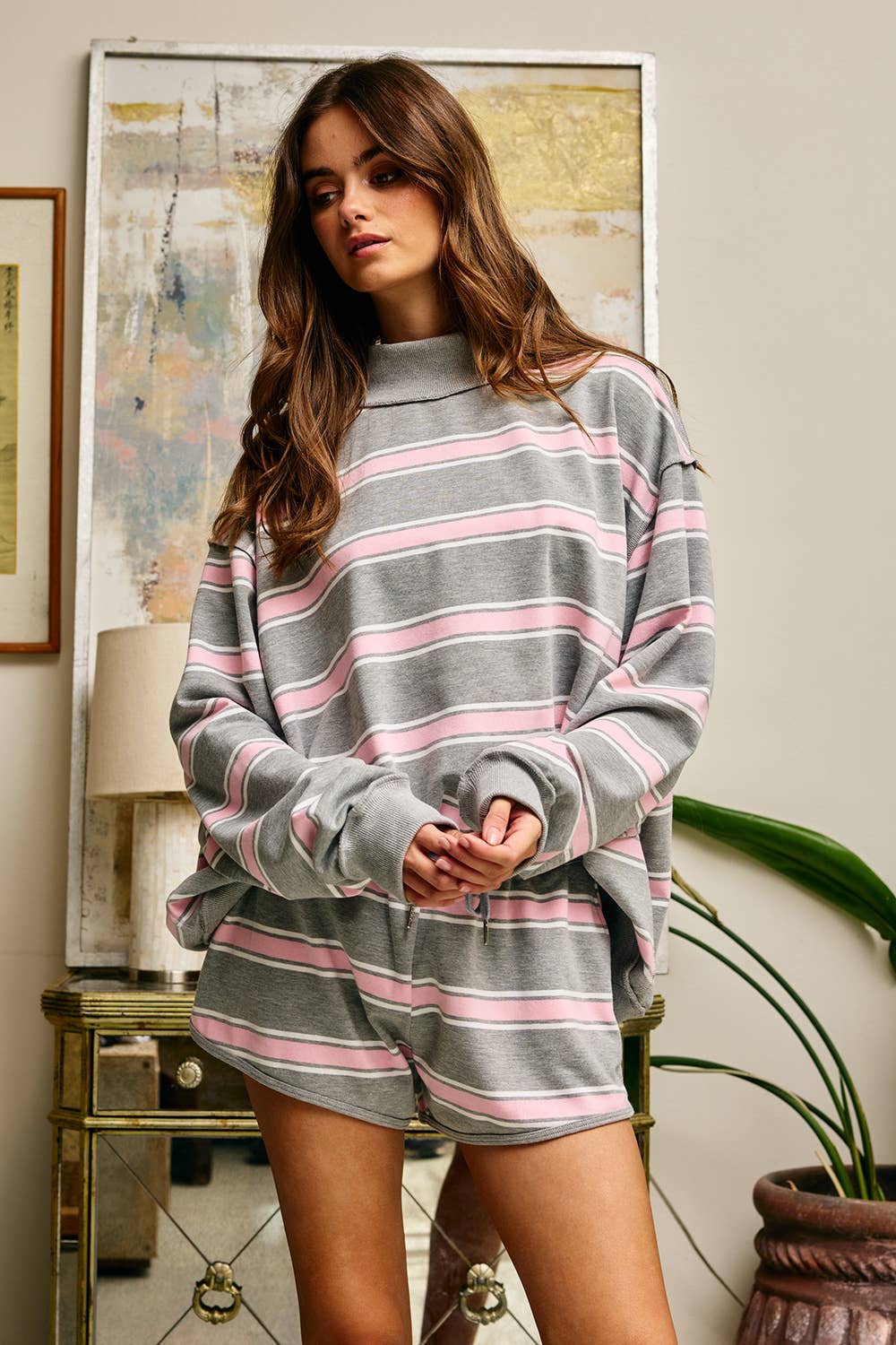 Stripe Print Mock Neck Oversized Sweatshirt